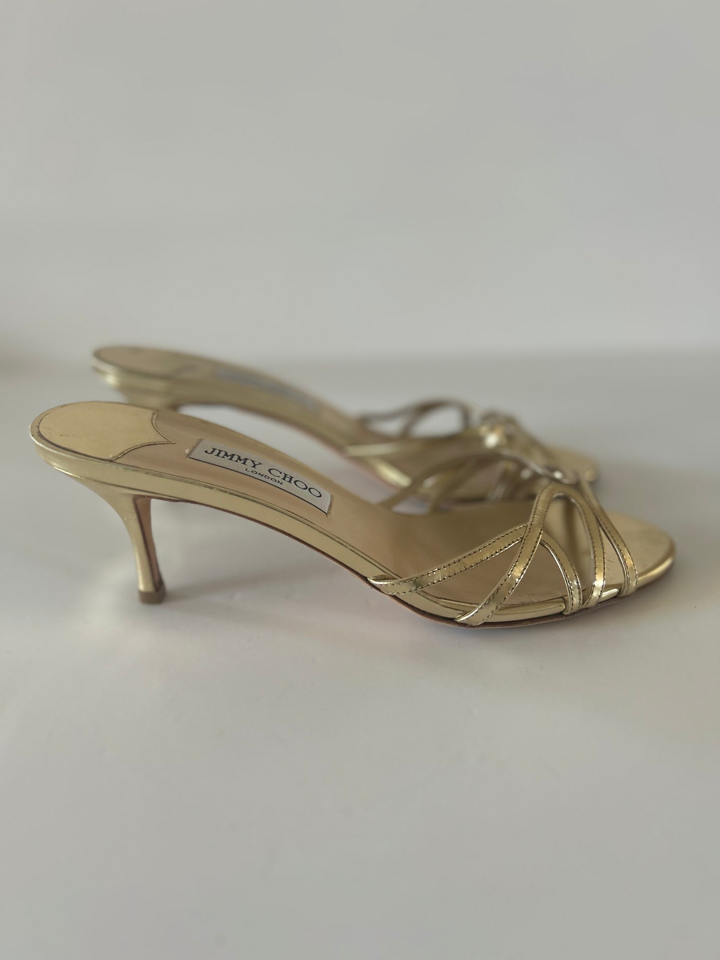 Designer Vintage Jimmy Choo Gold Patent Slide Heels