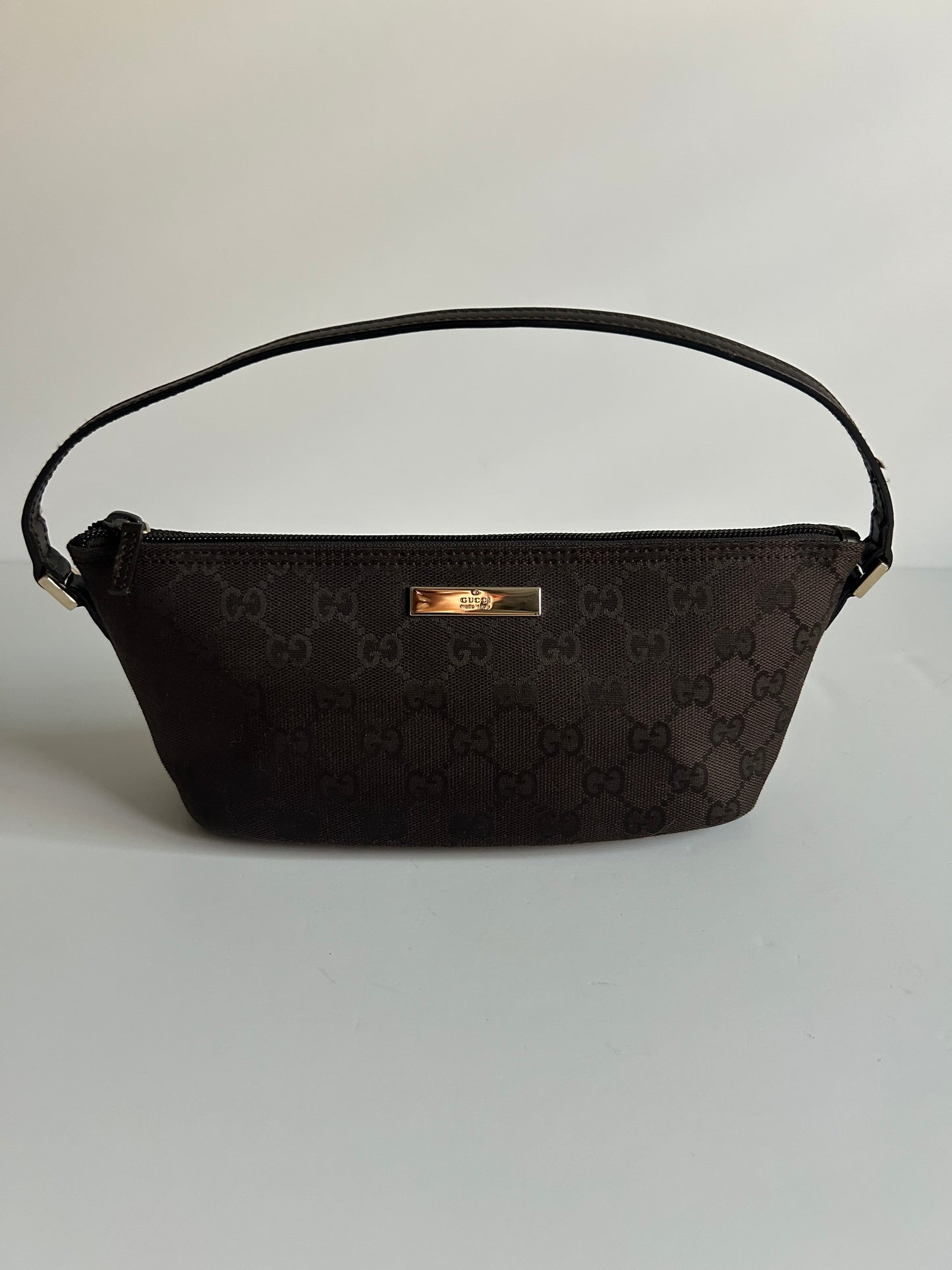 Designer Vintage Gucci Denim Monogram Boat Pochette Bag