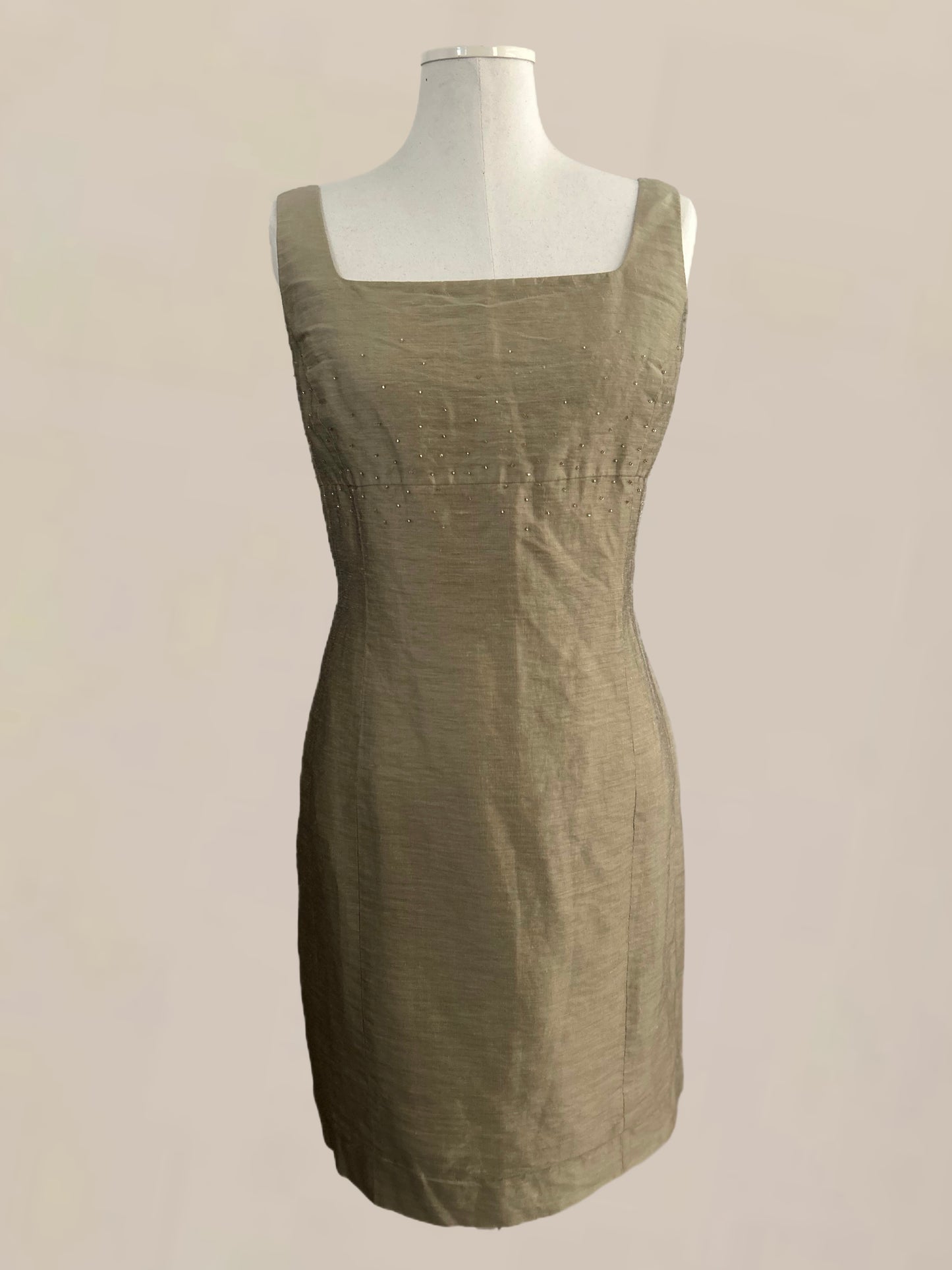 Vintage Olive Linen–Silk Beaded Square Neck Dress