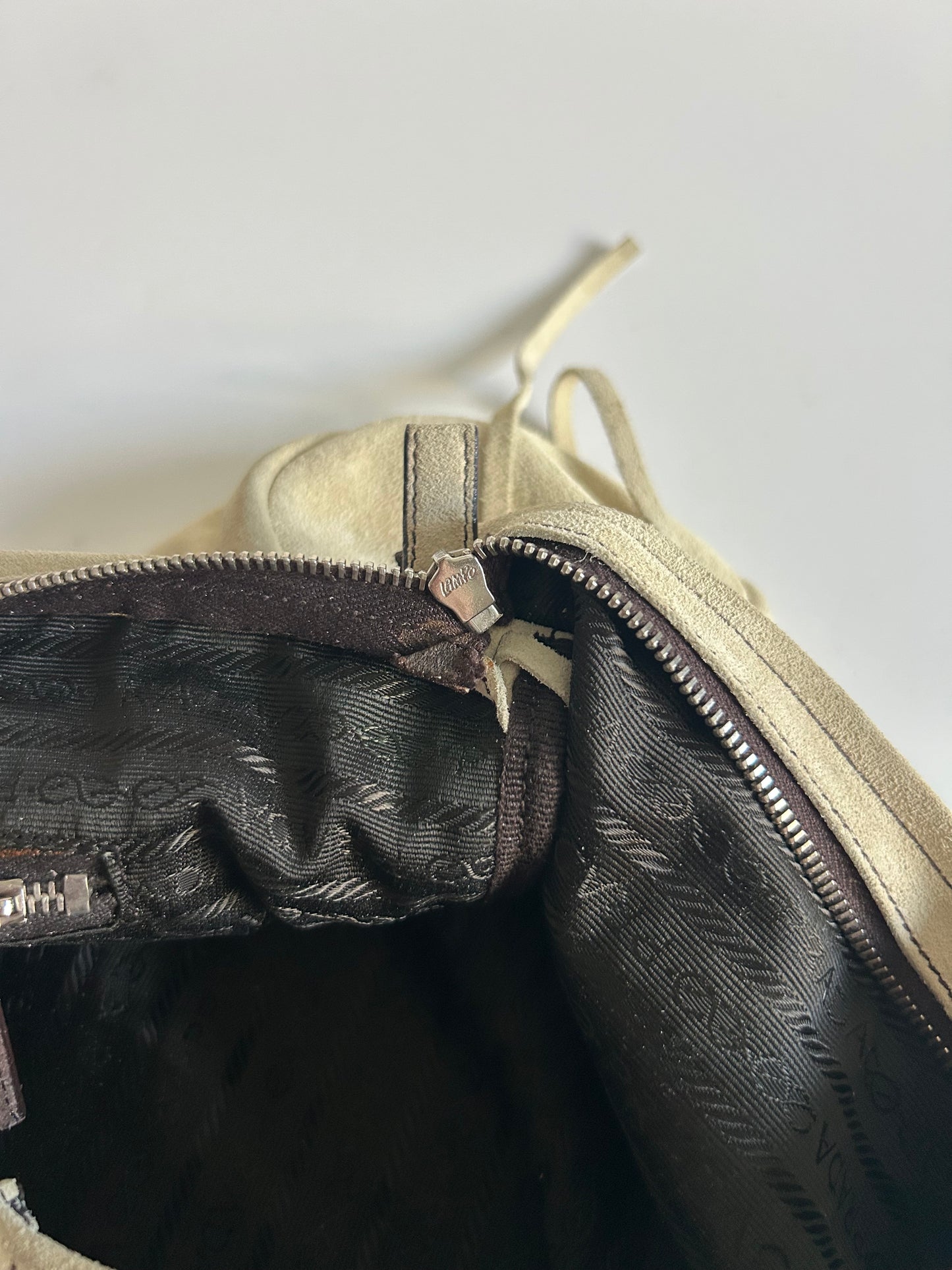 Designer Vintage Prada Suede East-West Tote Bag | Y2K Ivory Leather Shoulder Bag