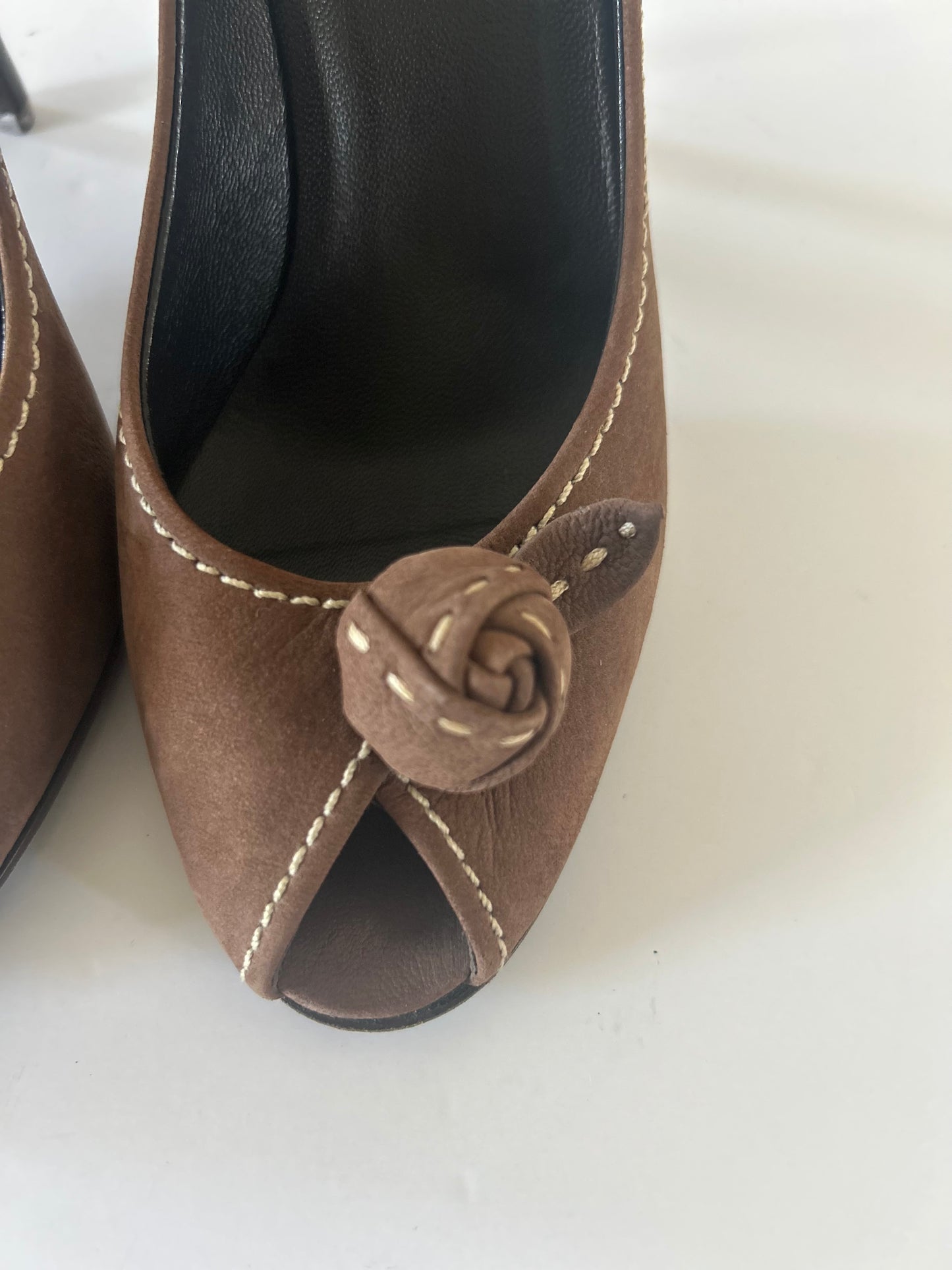 Designer Vintage Prada Milano Suede Rosette Peep Toe Heels
