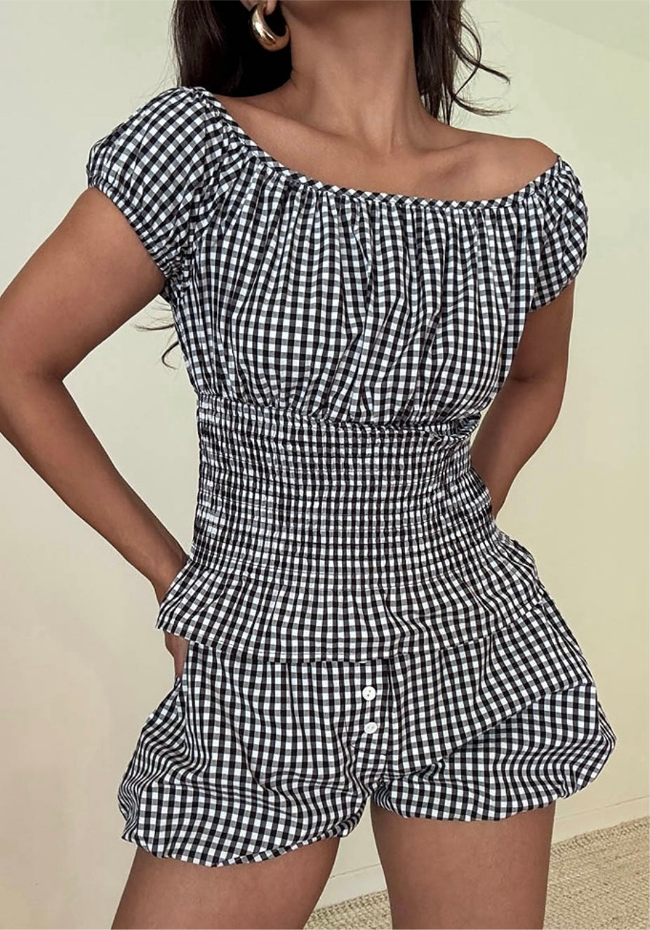 Chic Gingham Smocked Top & Shorts Set