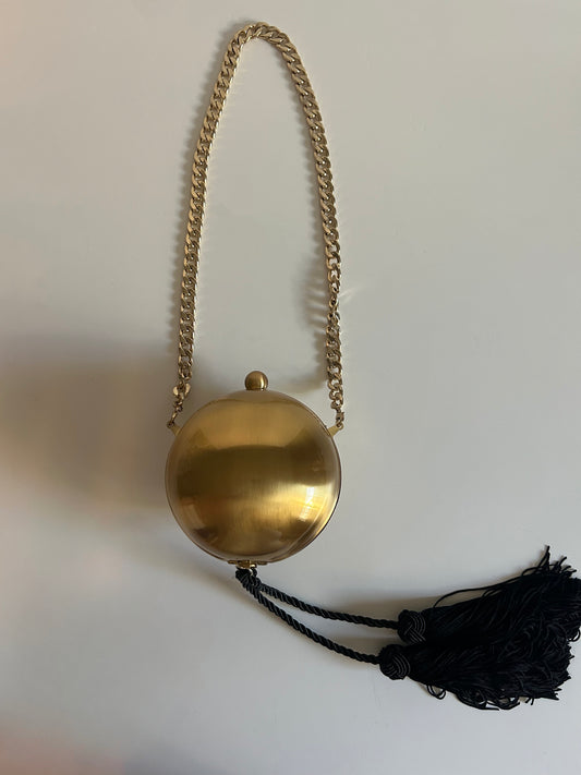 Vintage Gold Sphere Evening Bag with Dramatic Black Tassel | Statement Cocktail Clutch