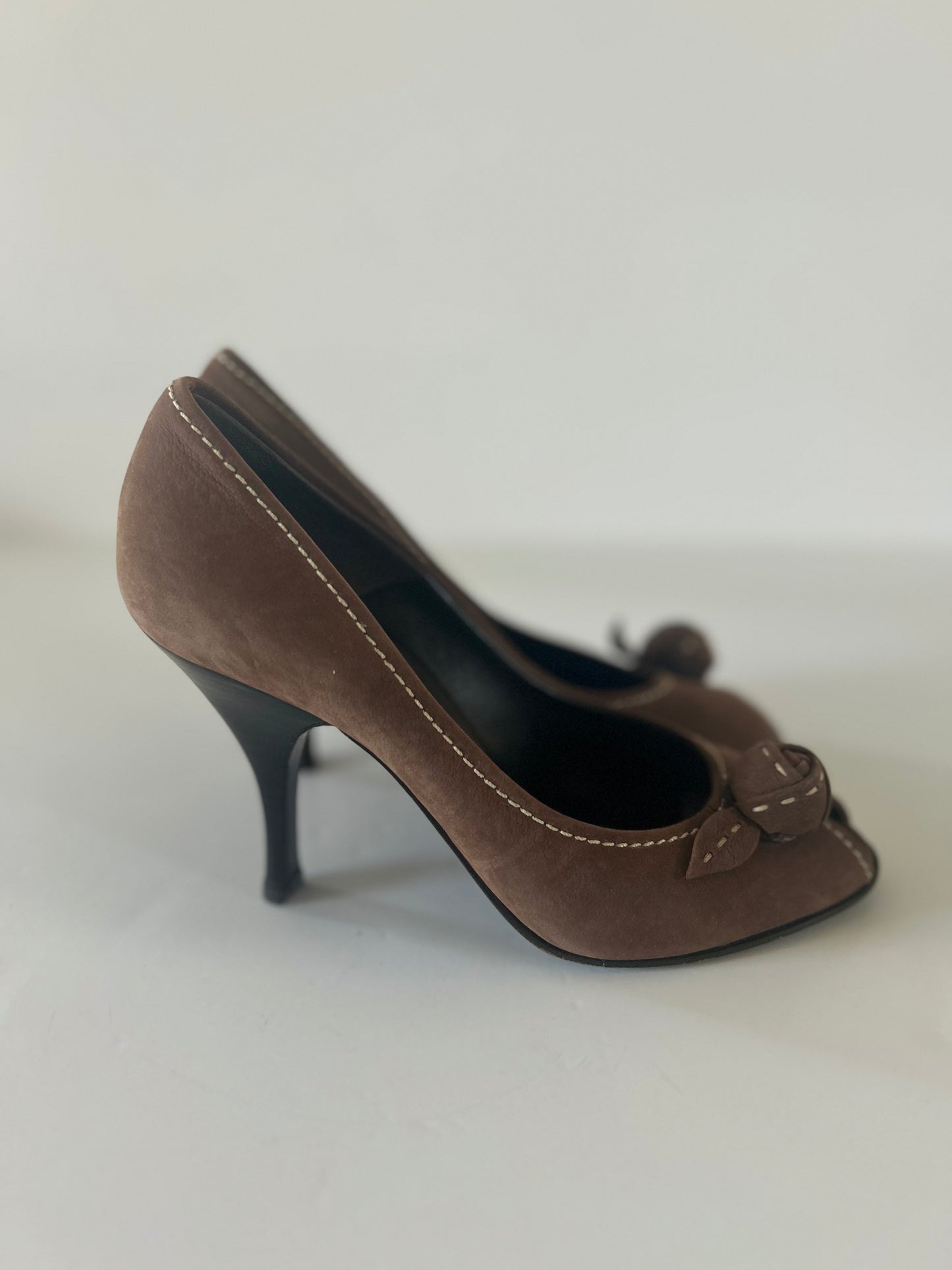 Designer Vintage Prada Milano Suede Rosette Peep Toe Heels