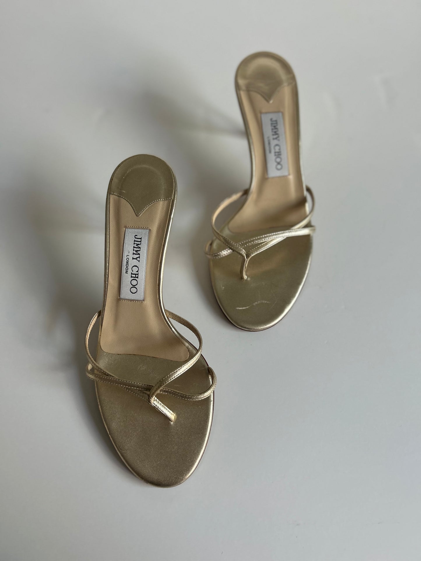 Designer Vintage Jimmy Choo Gold Strap Slide Heel Sandals