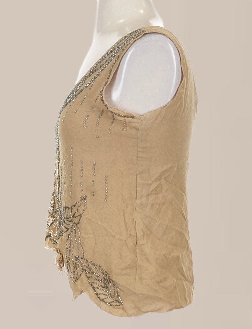 Vintage Bebe Beaded Silk Asymmetrical Top | Y2K Sequin Floral Tank