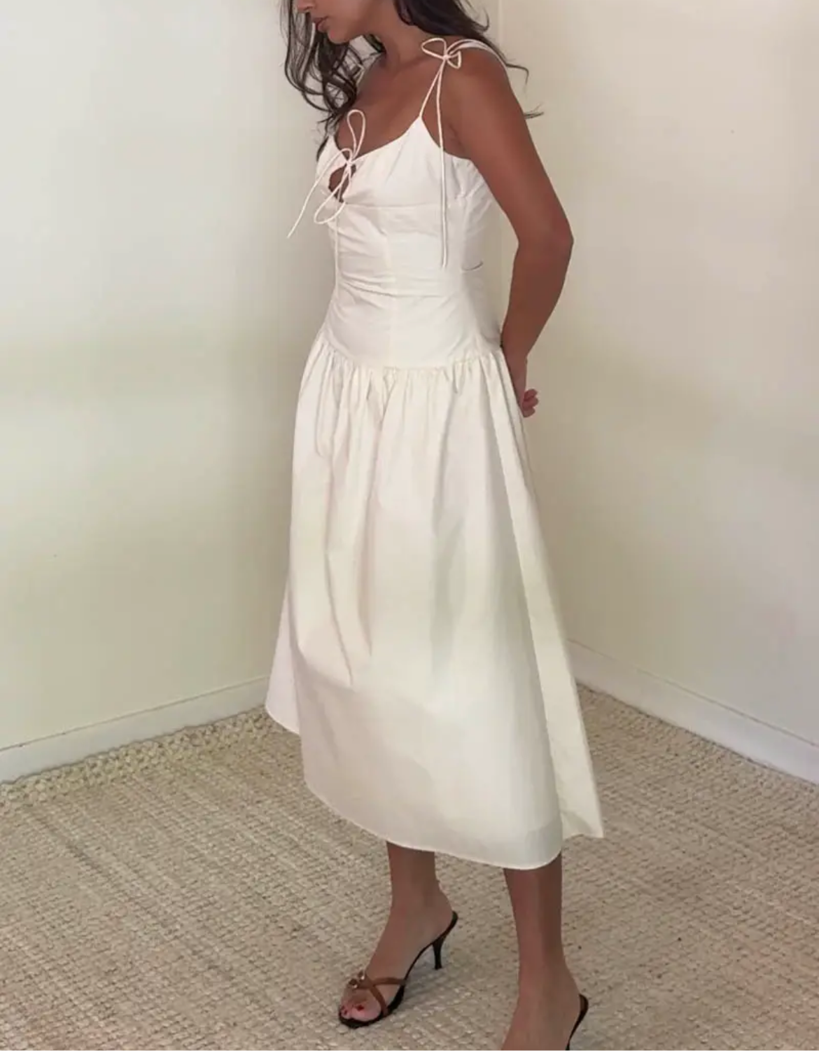 Sophisticate Ivory Cotton Drop Waist Tie Front Dress