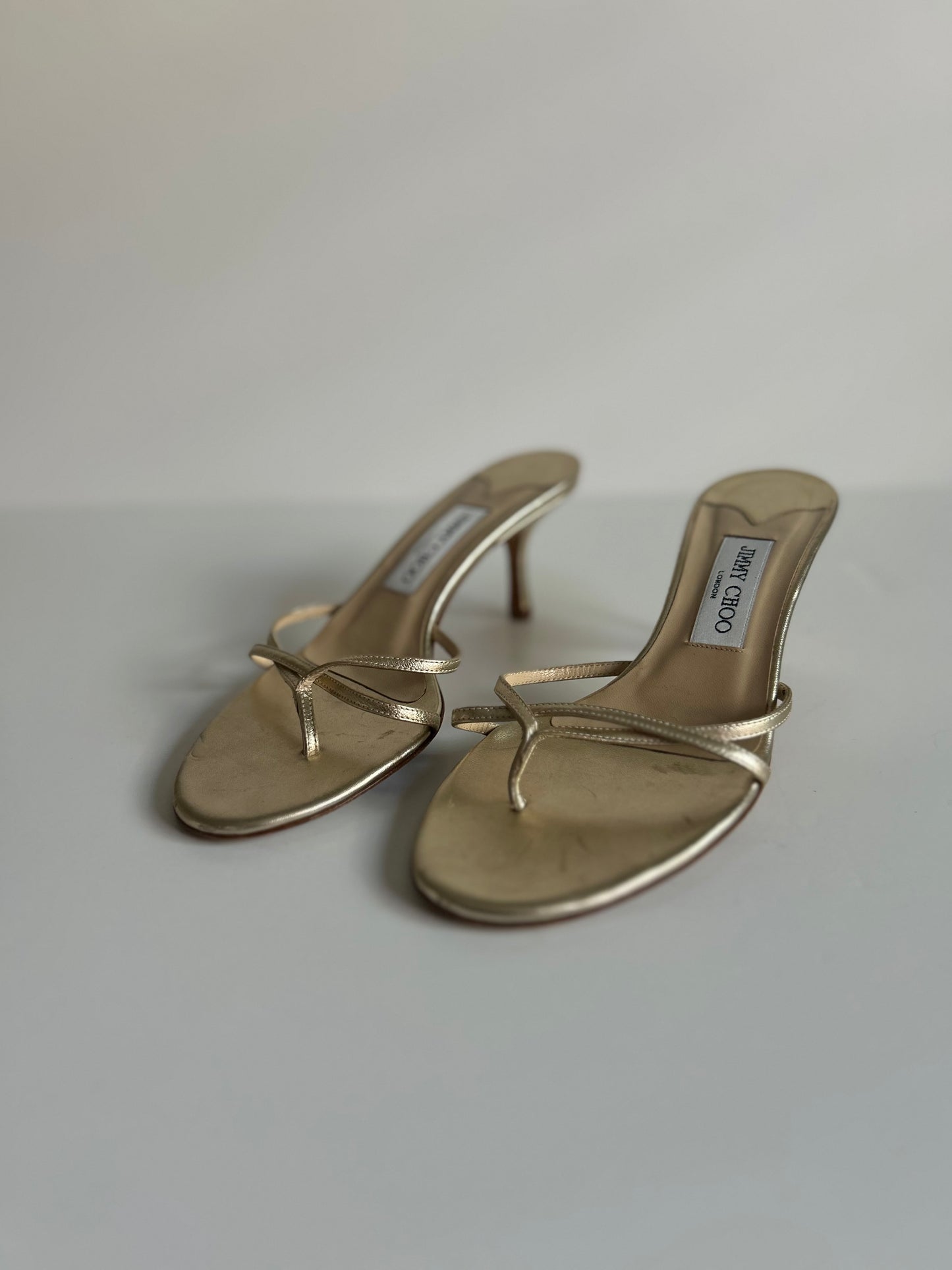 Designer Vintage Jimmy Choo Gold Strap Slide Heel Sandals