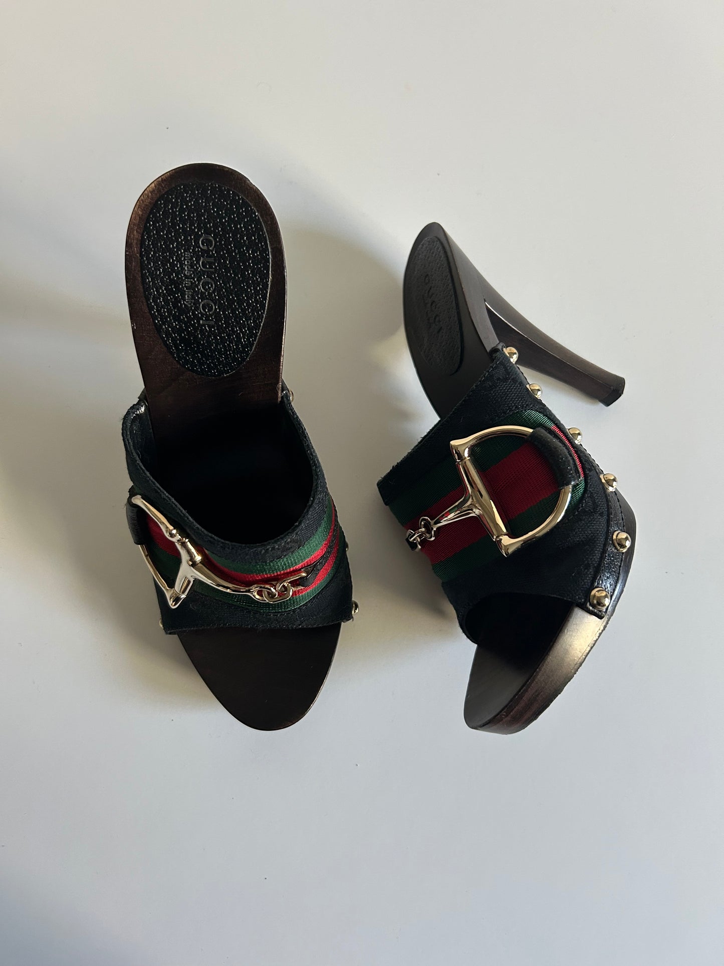 Designer Vintage Gucci Web Stripe Horsebit Mule Heels – Black Canvas & Wood Clog – Early 2000s