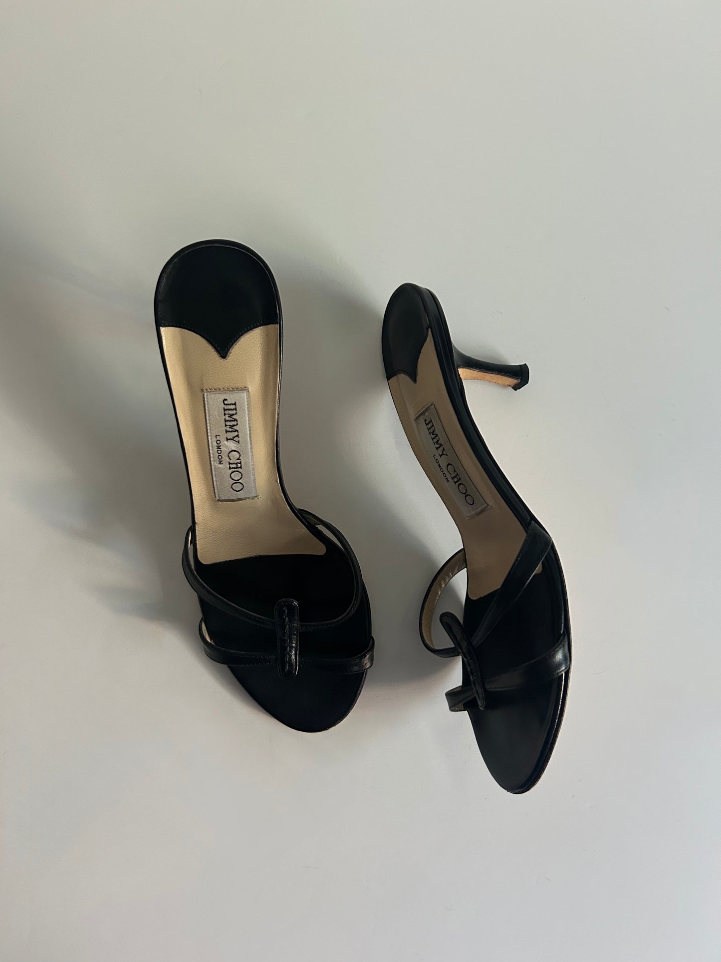 Designer Vintage Jimmy Choo London Black Leather Thong Mule Heels Y2K Sandals
