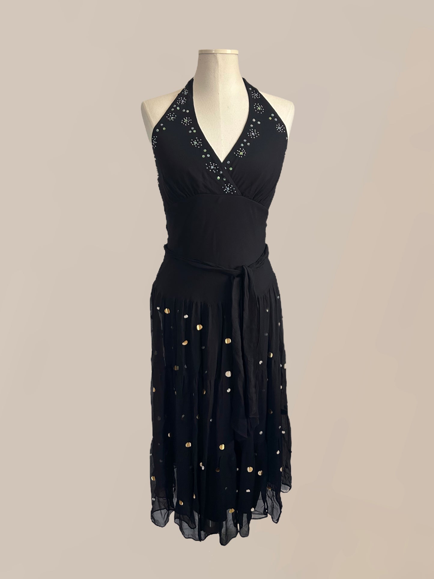 Vintage Black Silk Halter Dress with Gold & Silver Paillette Sequins | 90s / Y2K Dress