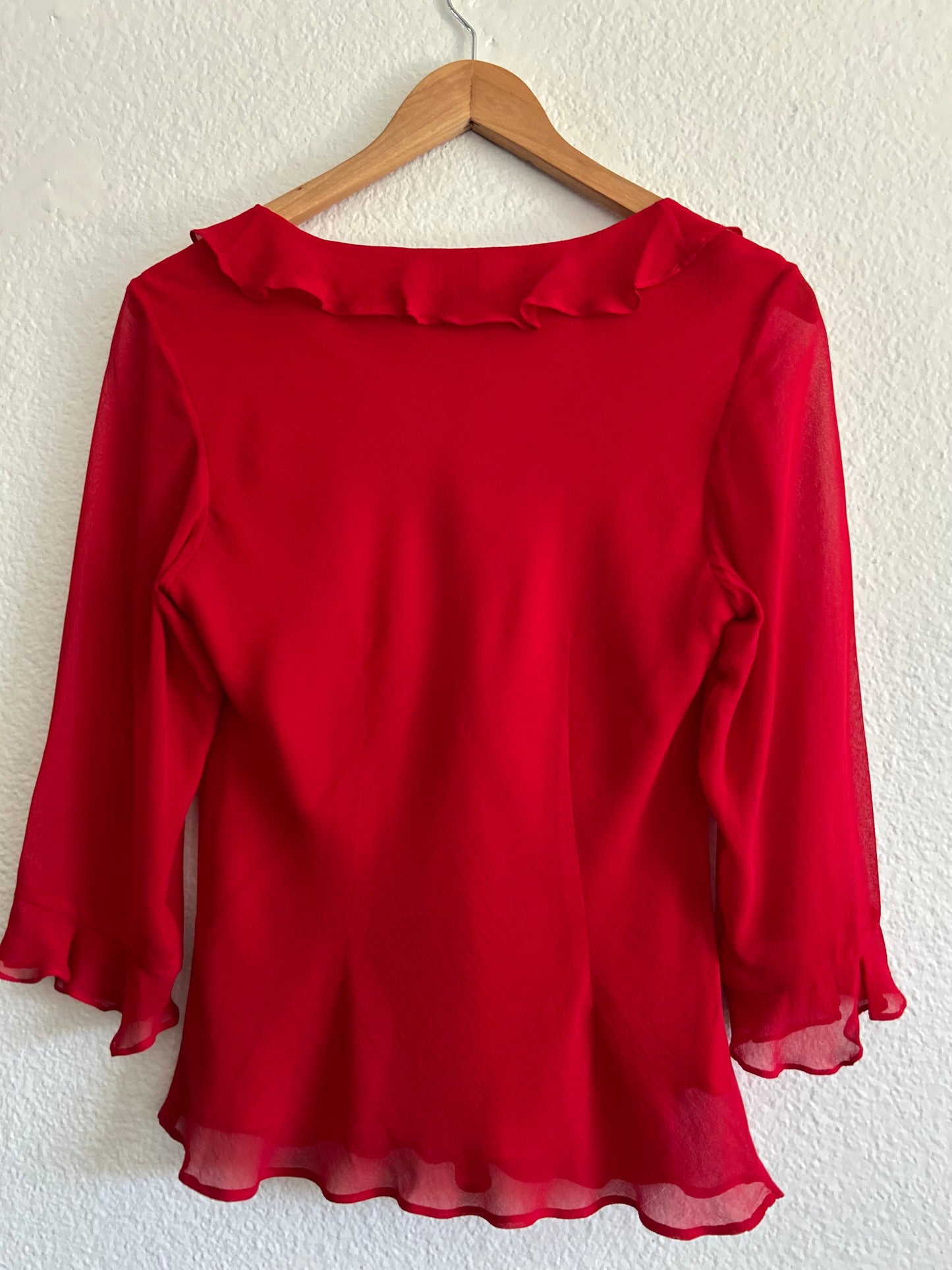 Vintage 90's Red Silk Semi-Sheer Ruffle Top