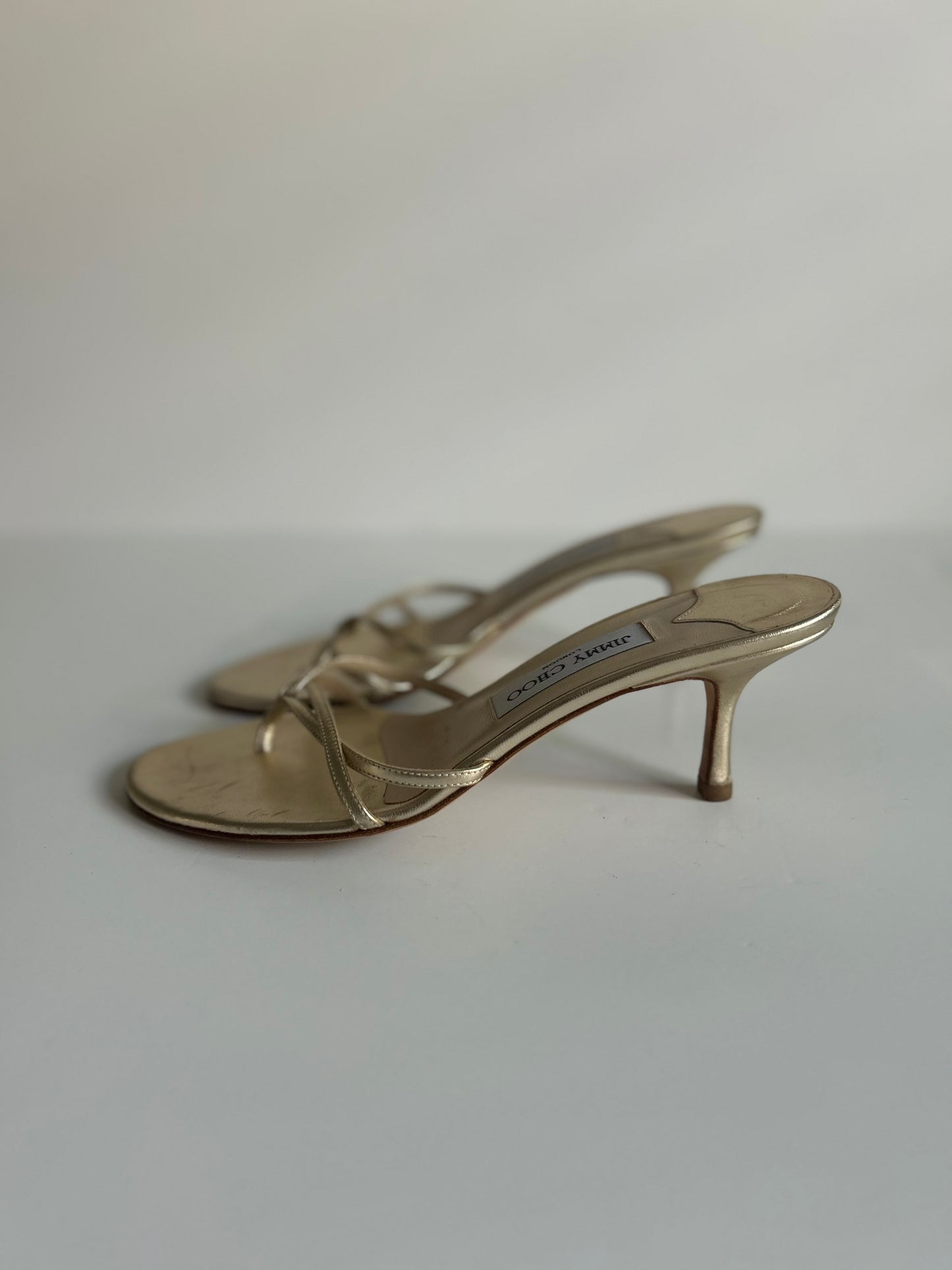 Designer Vintage Jimmy Choo Gold Strap Slide Heel Sandals