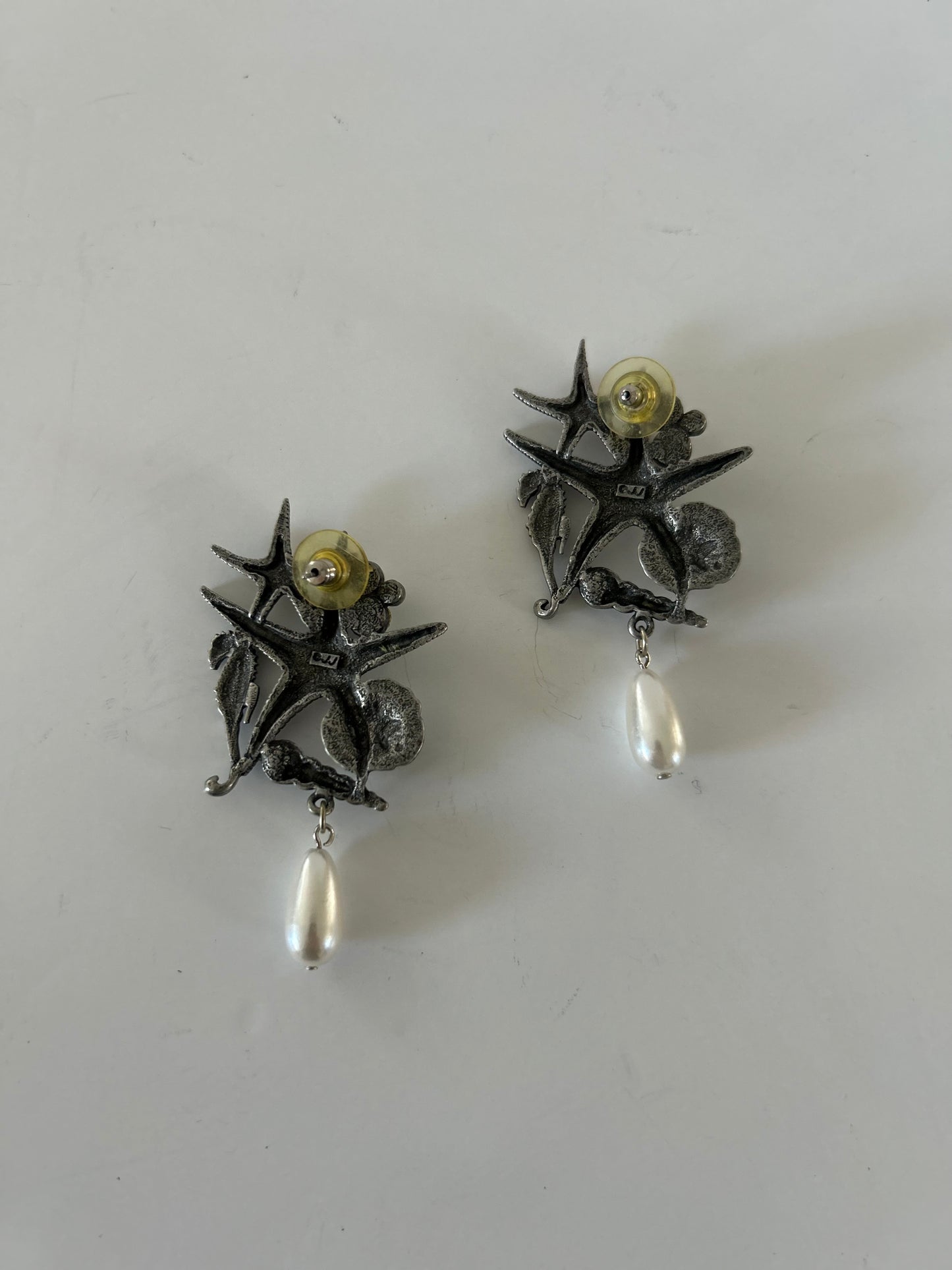 Vintage Silver JJ Jonette Beach Theme Star Fish Sea Horse Pearl Earrings