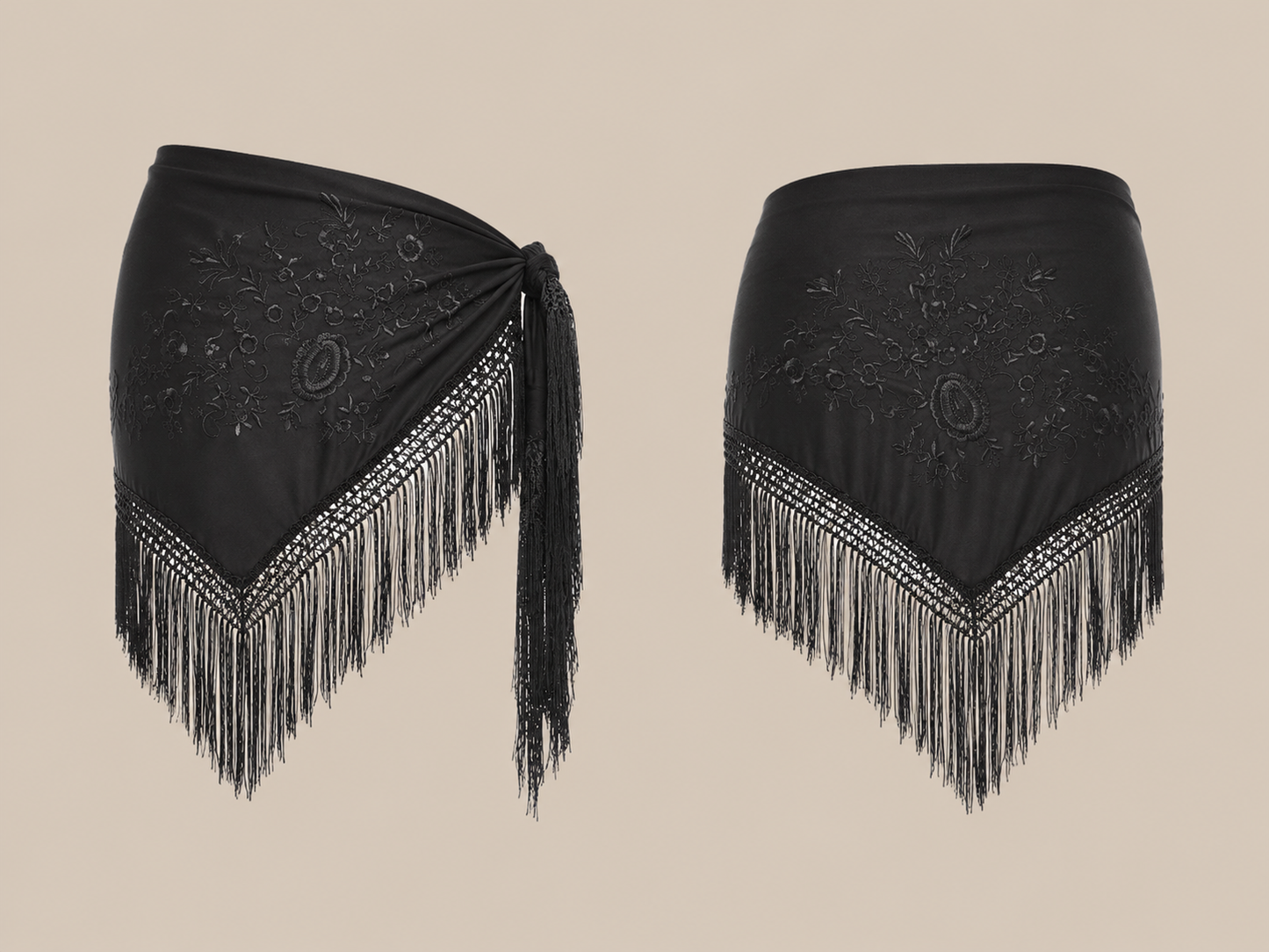 Vintage Black Embroidered Fringe Wrap Sorong Scarf | Bohemian Evening Shawl