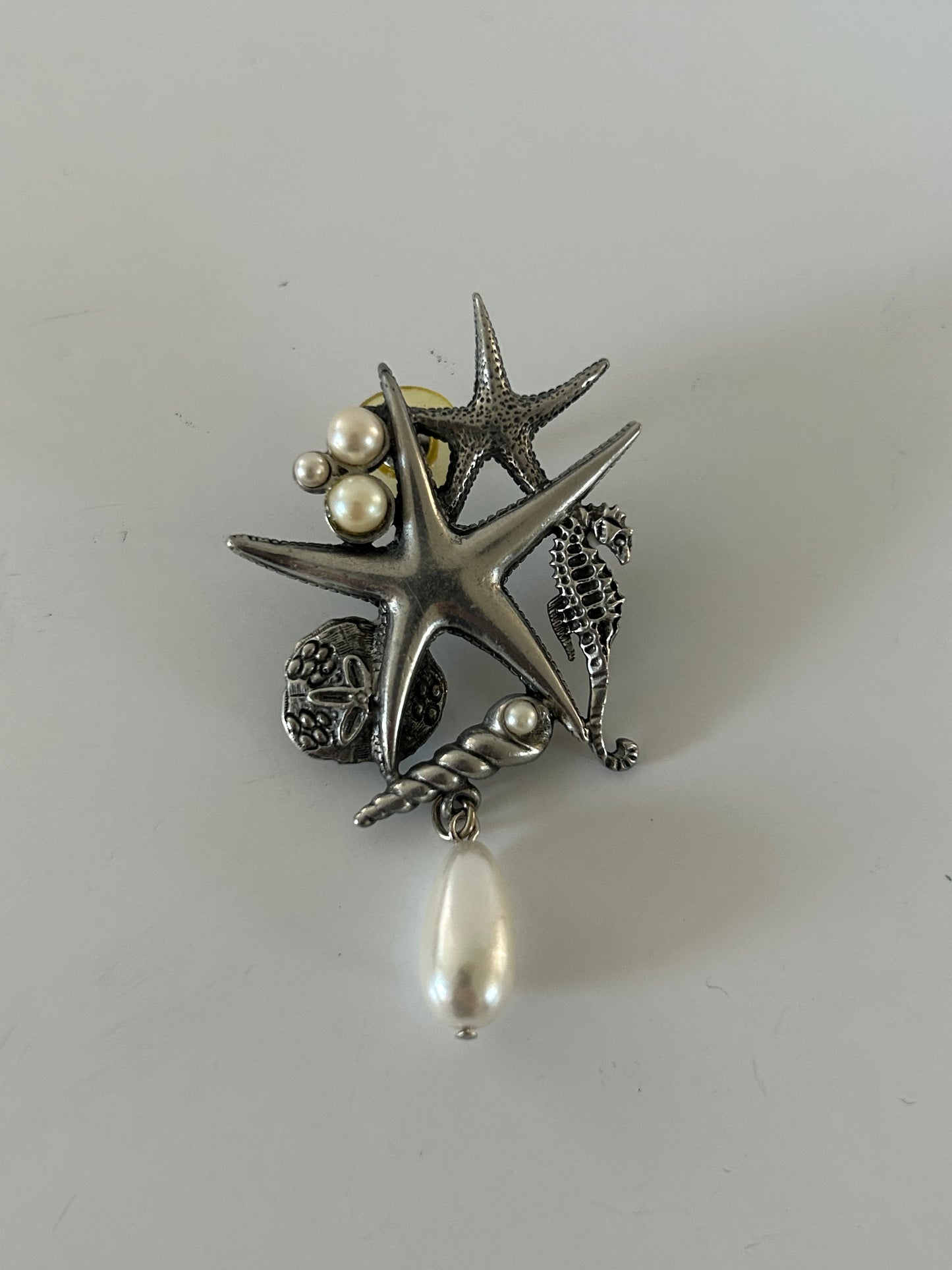 Vintage Silver JJ Jonette Beach Theme Star Fish Sea Horse Pearl Earrings