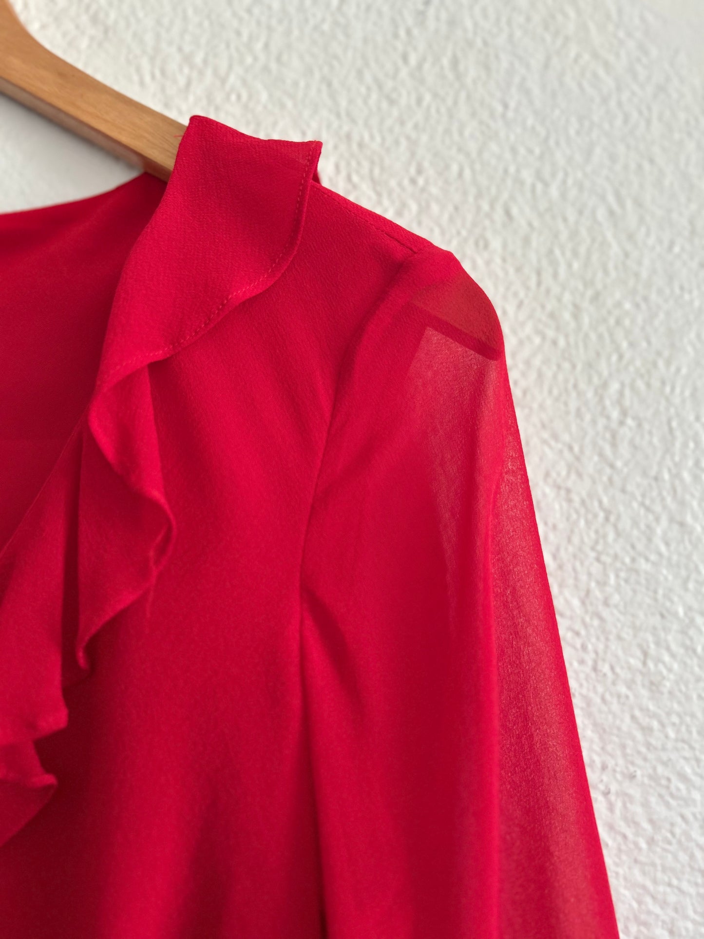 Vintage 90's Red Silk Semi-Sheer Ruffle Top