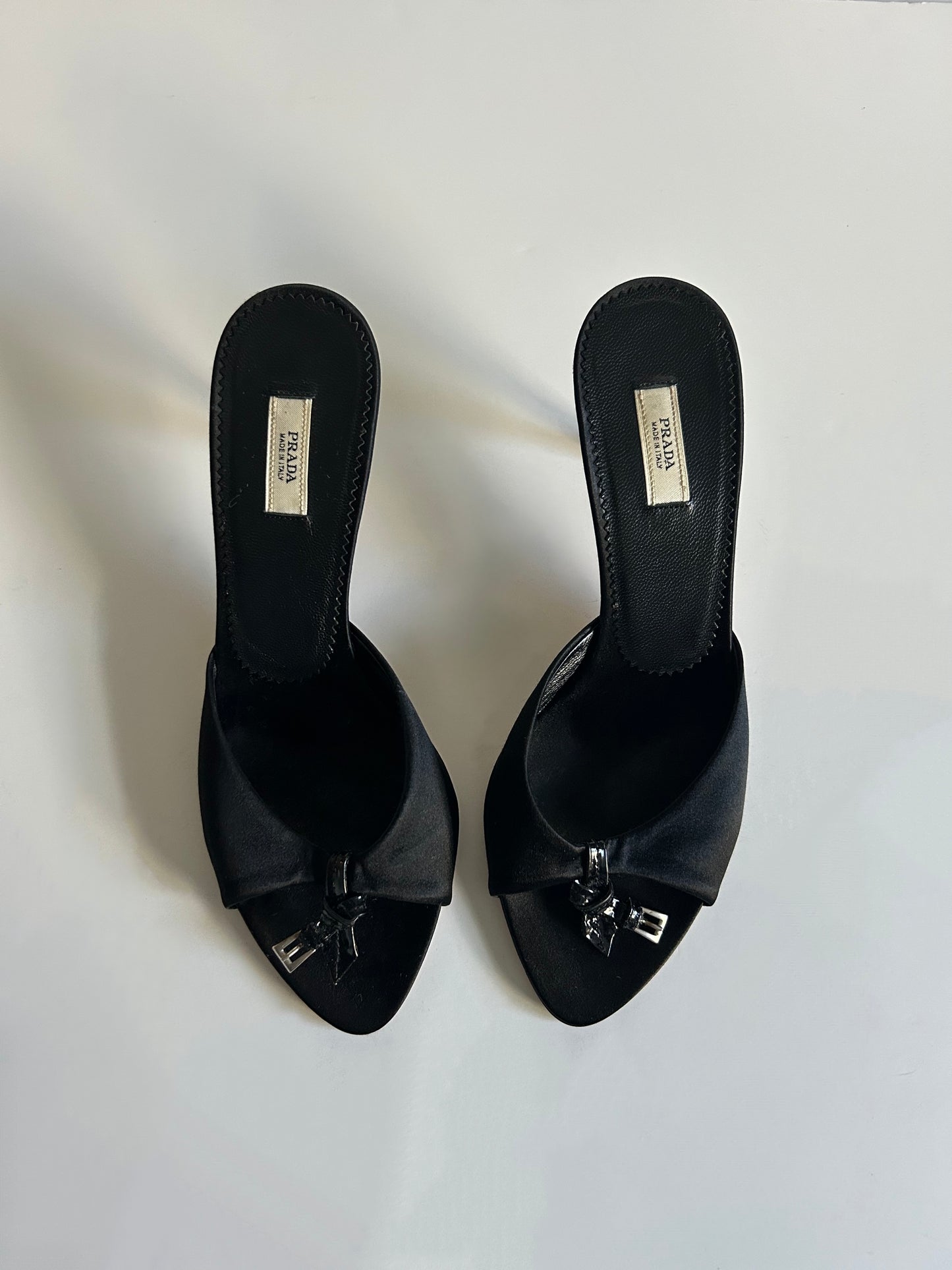 Designer Vintage Prada Black Silk Satin Crystal Logo Mule Heels Size 36 Made in Italy