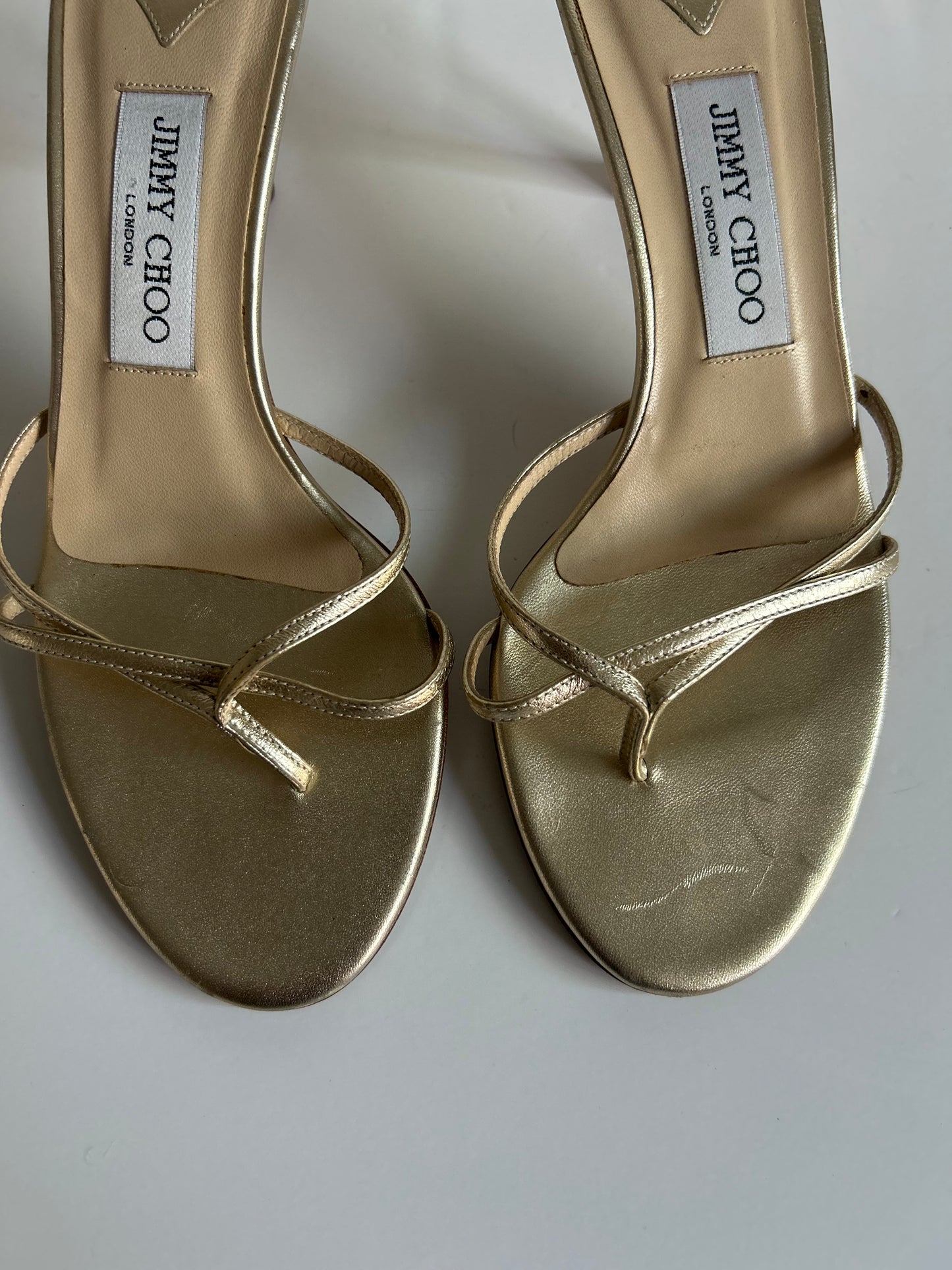 Designer Vintage Jimmy Choo Gold Strap Slide Heel Sandals