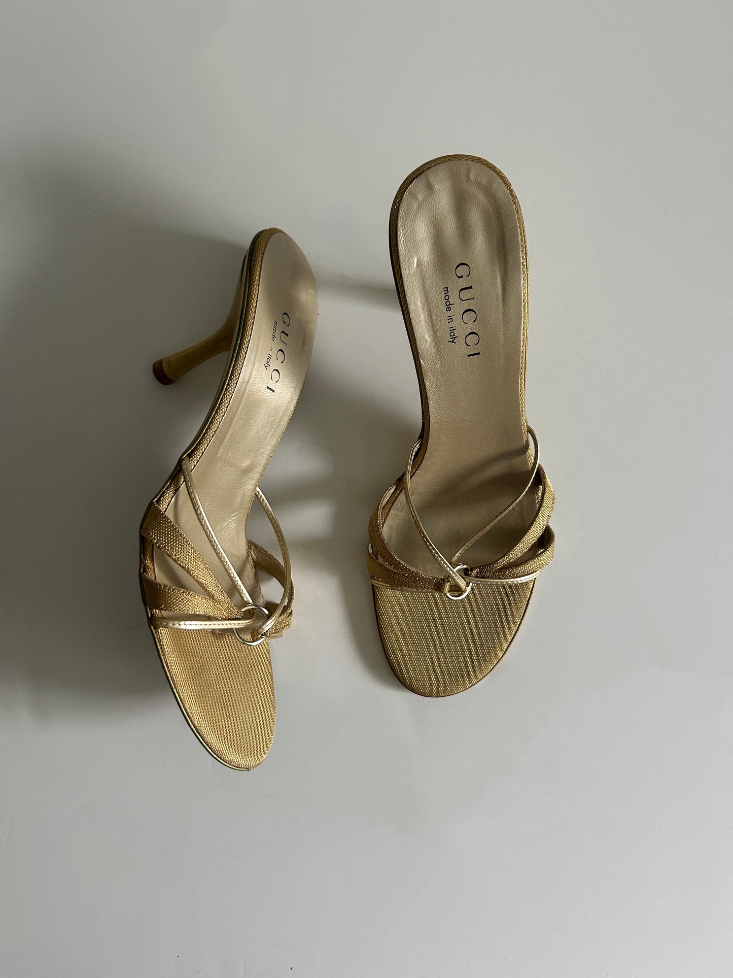 Vintage Gucci Tom Ford Era Gold Strappy Sandals Metallic Heels Made in Italy