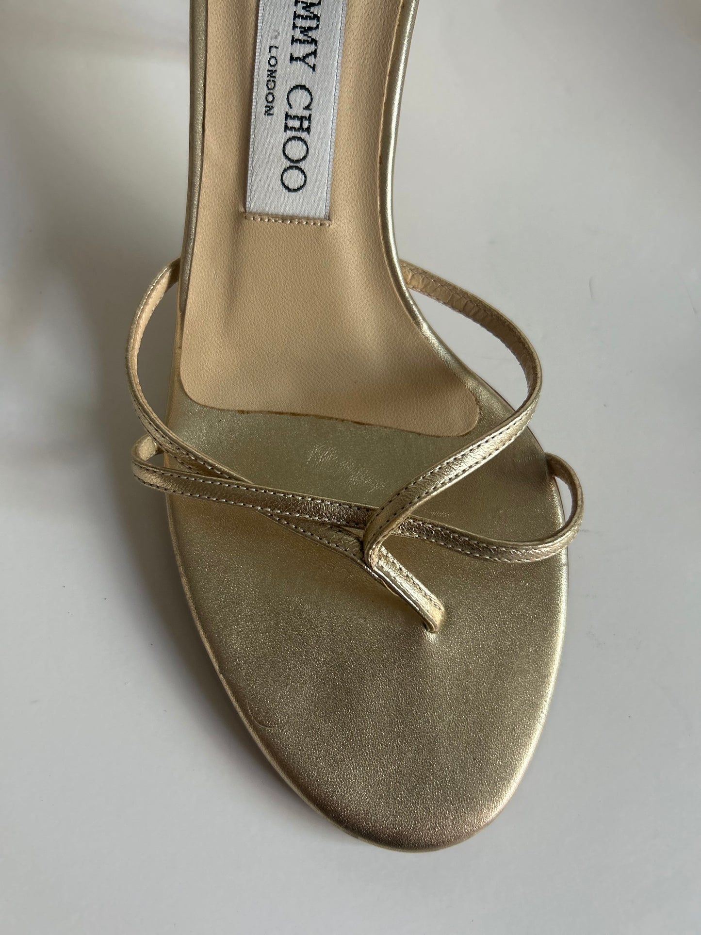 Designer Vintage Jimmy Choo Gold Strap Slide Heel Sandals