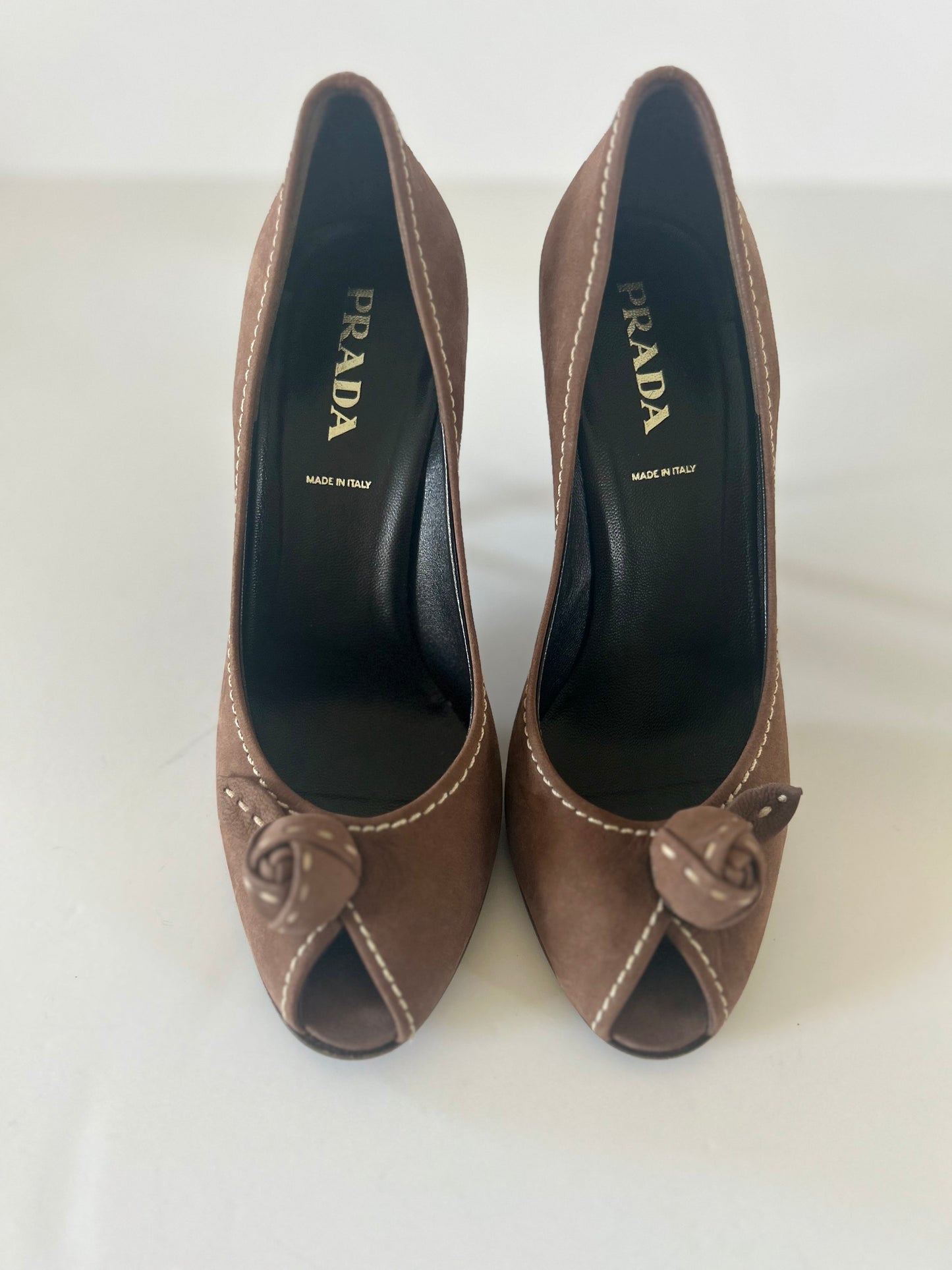 Designer Vintage Prada Milano Suede Rosette Peep Toe Heels