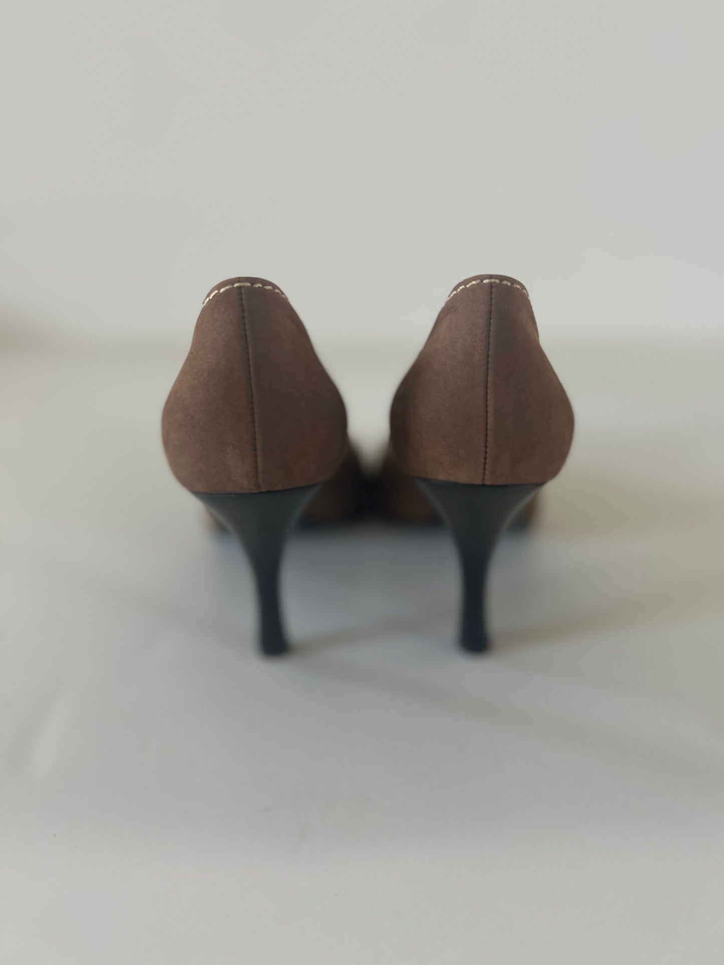 Designer Vintage Prada Milano Suede Rosette Peep Toe Heels