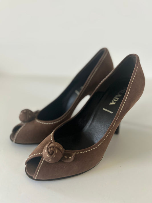Designer Vintage Prada Milano Suede Rosette Peep Toe Heels