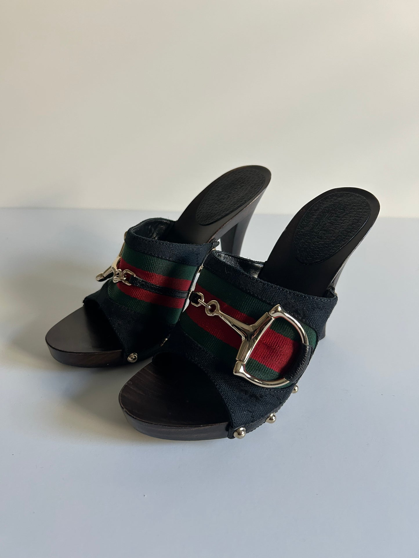 Designer Vintage Gucci Web Stripe Horsebit Mule Heels – Black Canvas & Wood Clog – Early 2000s