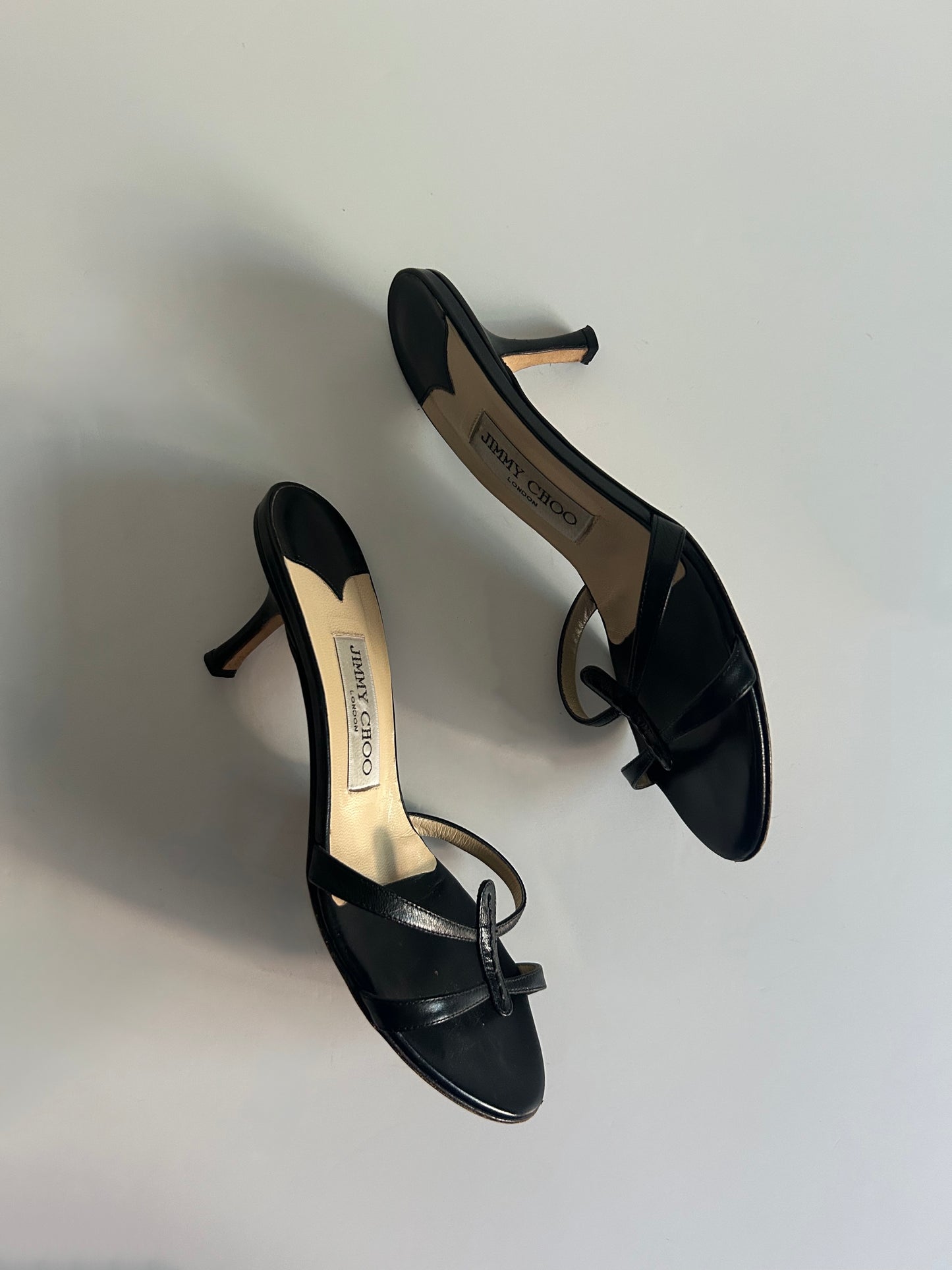 Designer Vintage Jimmy Choo London Black Leather Thong Mule Heels Y2K Sandals