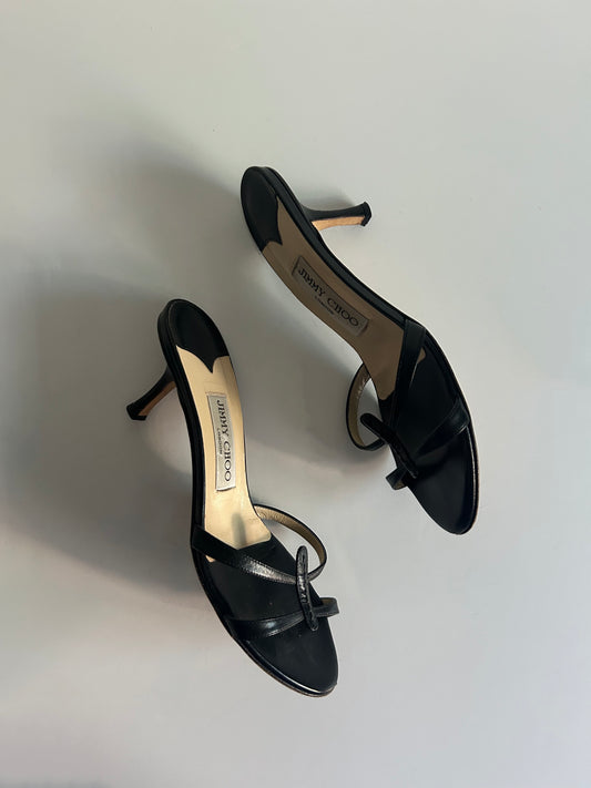 Designer Vintage Jimmy Choo London Black Leather Thong Mule Heels Y2K Sandals
