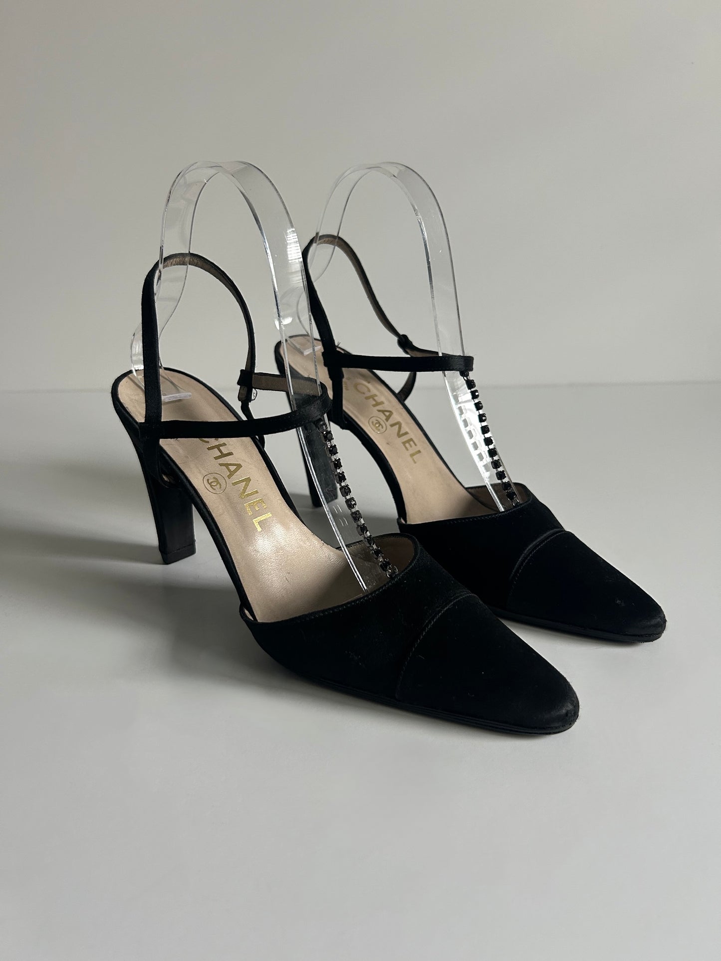 Designer Vintage Chanel Black Satin T-Strap Heels with Crystal Chain Detail - 1990s to early 2000s (Karl Lagerfeld era)