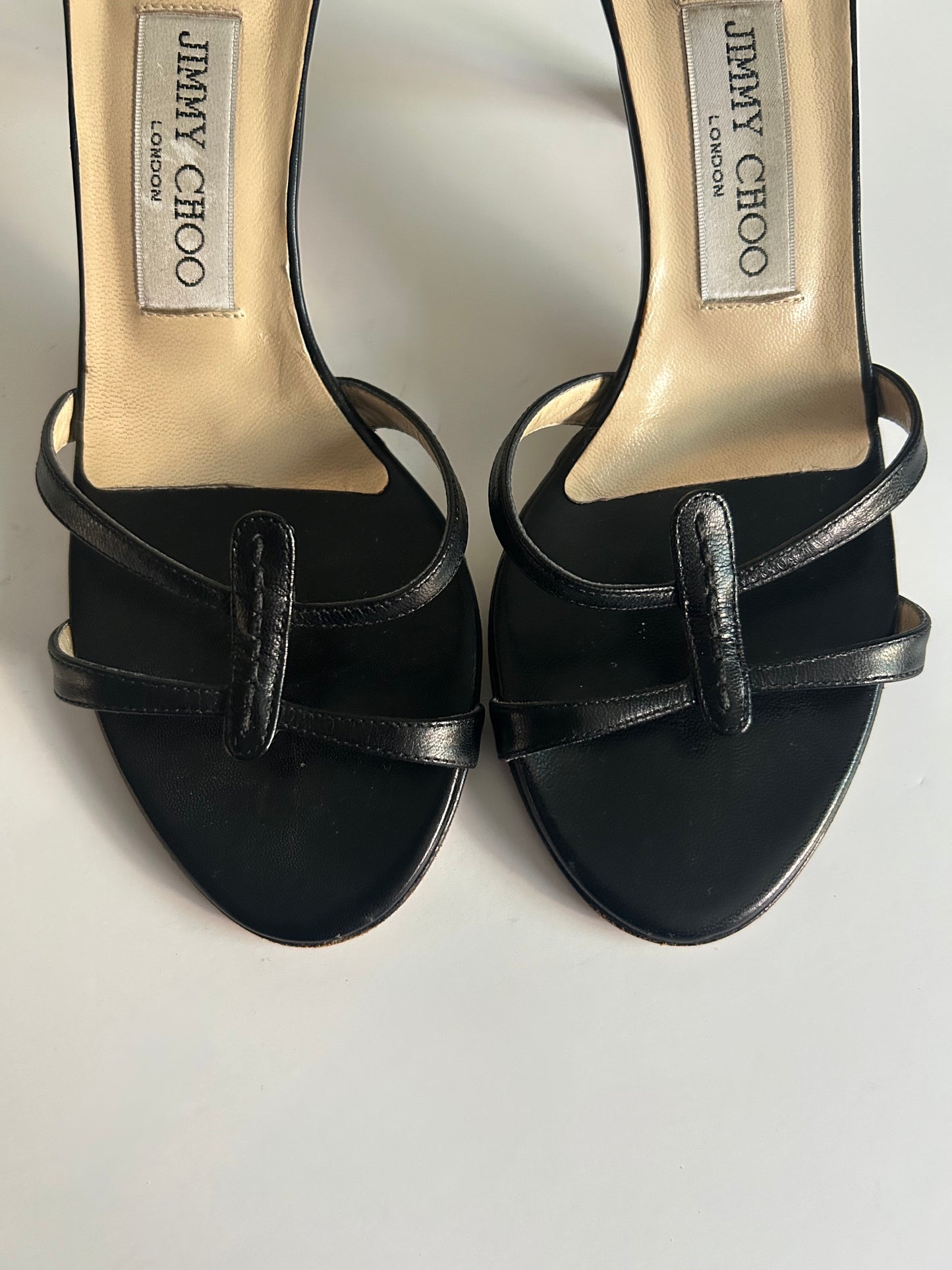 Designer Vintage Jimmy Choo London Black Leather Thong Mule Heels Y2K Sandals