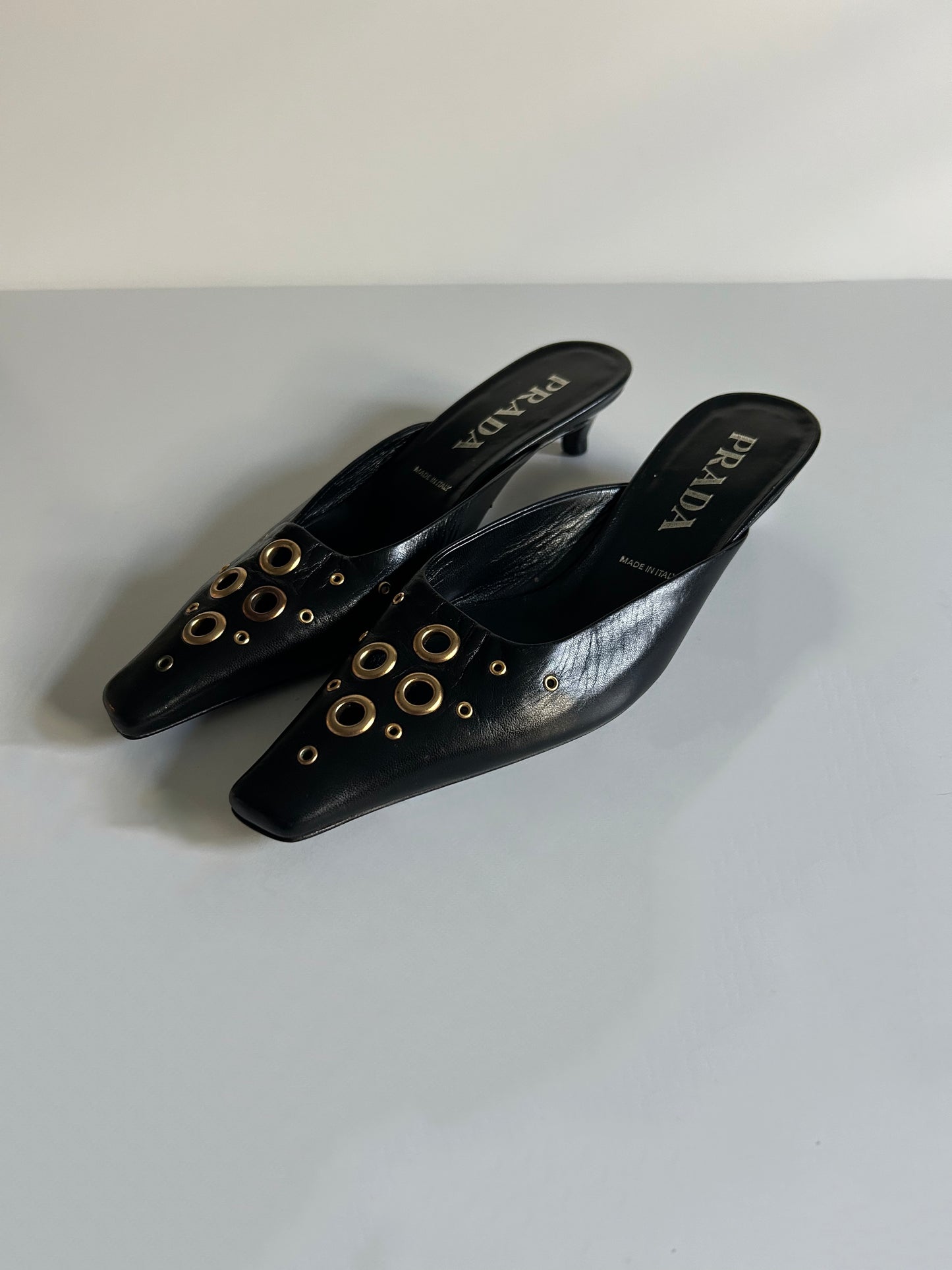 Designer Vintage Prada Black Leather Grommet Mule Kitten Heels Y2K