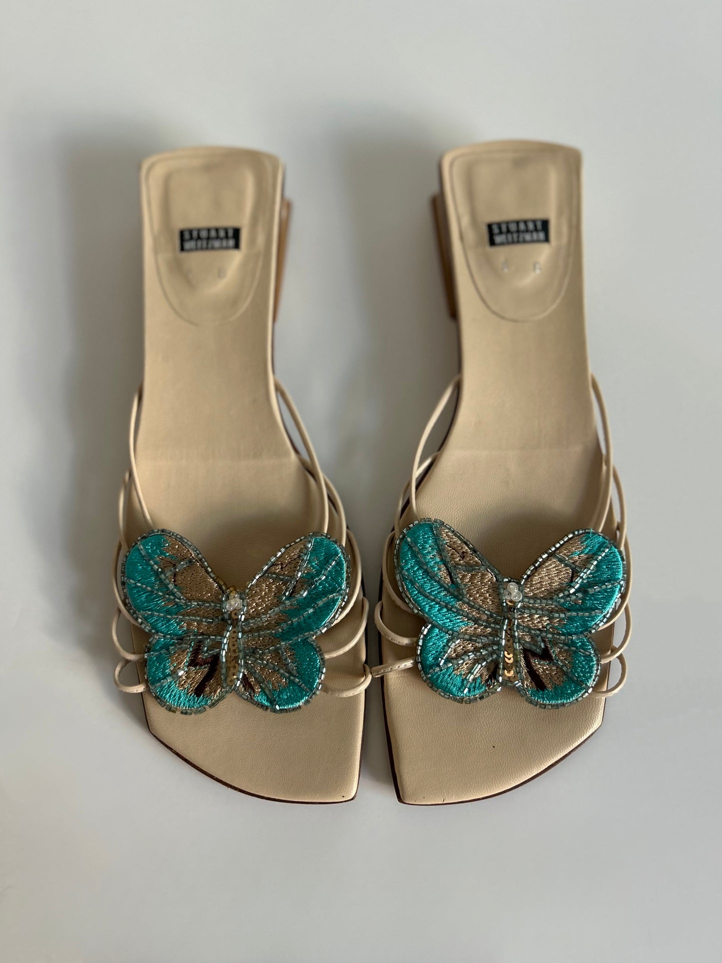 Designer Vintage Stuart Weitzman Butterfly Embellished Mule Heels Size 8 Beaded Y2K Sandals