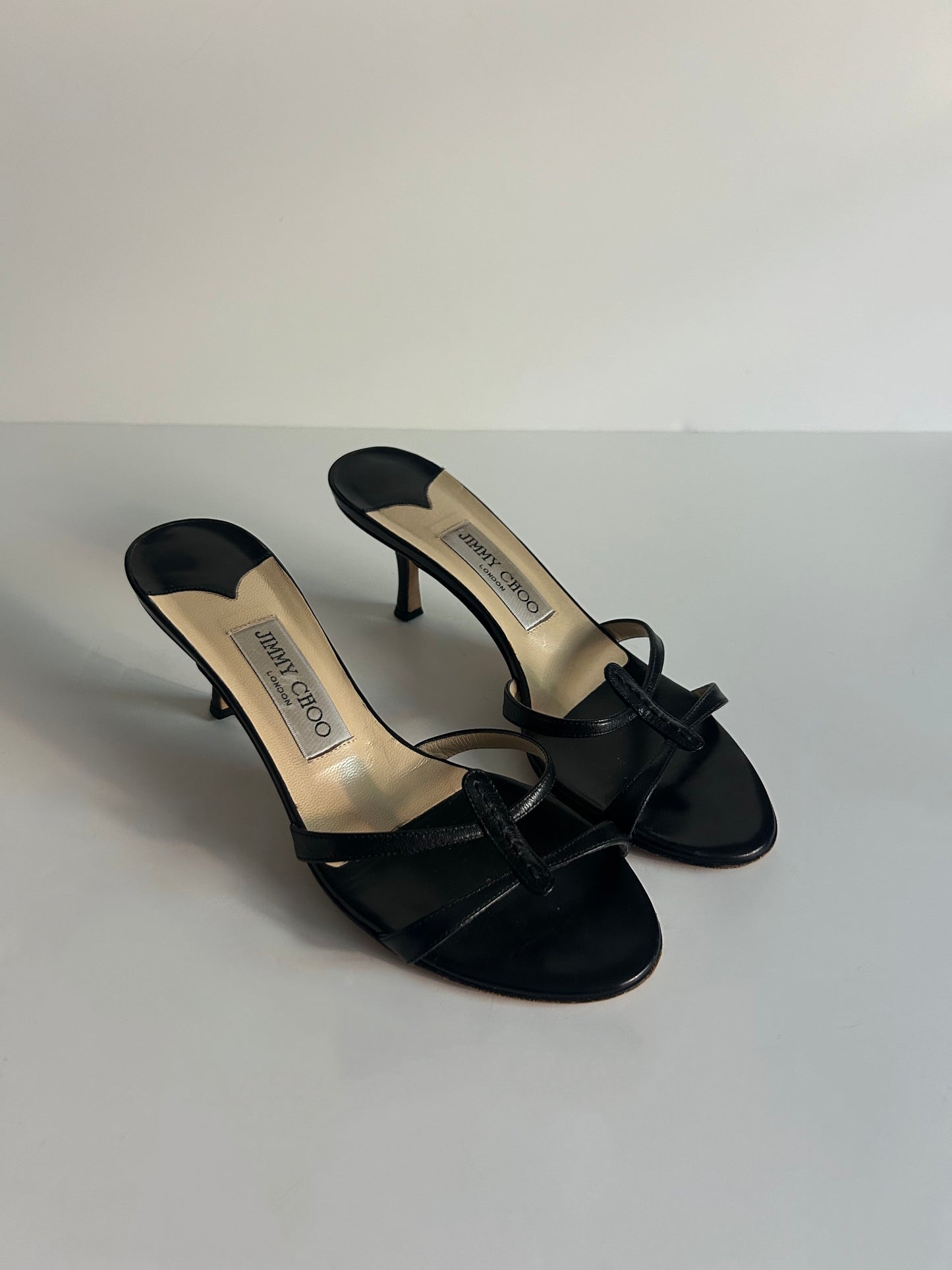 Designer Vintage Jimmy Choo London Black Leather Thong Mule Heels Y2K Sandals
