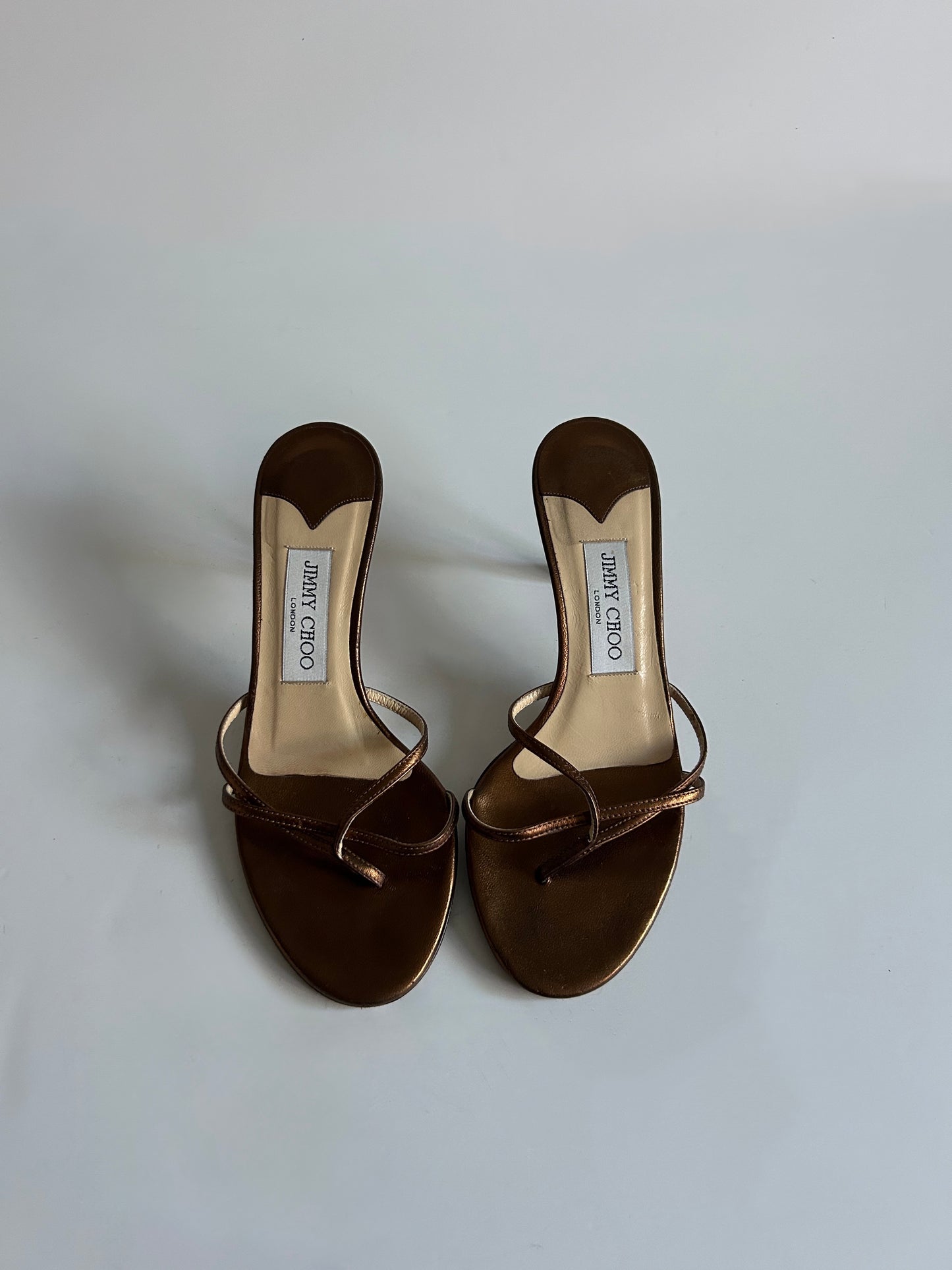 Designer Vintage Jimmy Choo London Metallic Bronze Strappy Mule Heels Y2K Sandals Made in Italy