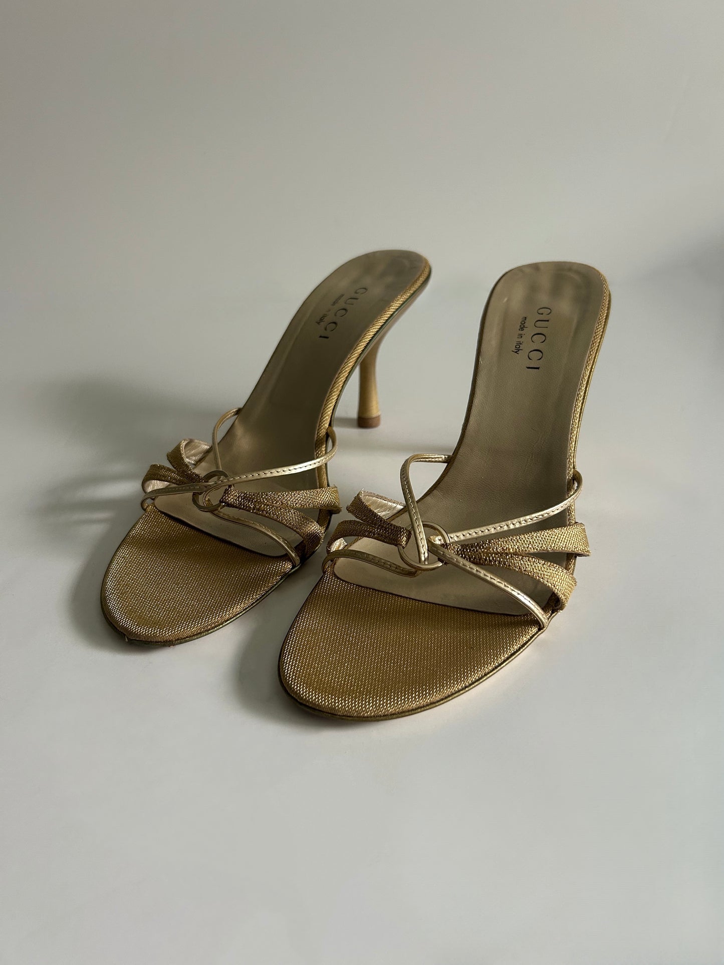 Vintage Gucci Tom Ford Era Gold Strappy Sandals Metallic Heels Made in Italy