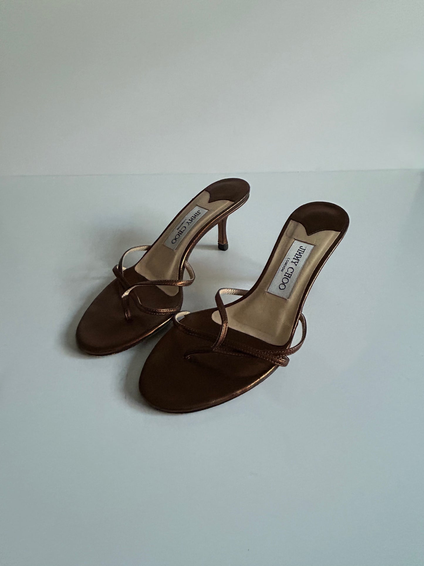 Designer Vintage Jimmy Choo London Metallic Bronze Strappy Mule Heels Y2K Sandals Made in Italy