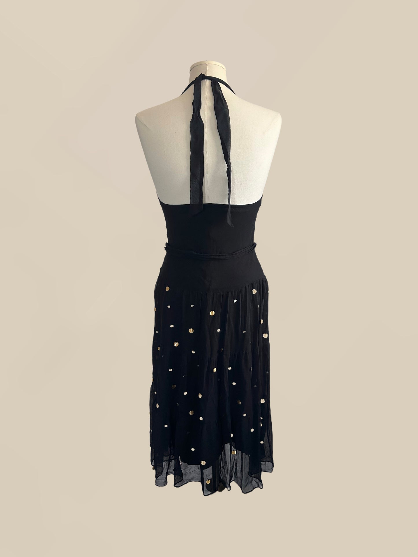Vintage Black Silk Halter Dress with Gold & Silver Paillette Sequins | 90s / Y2K Dress