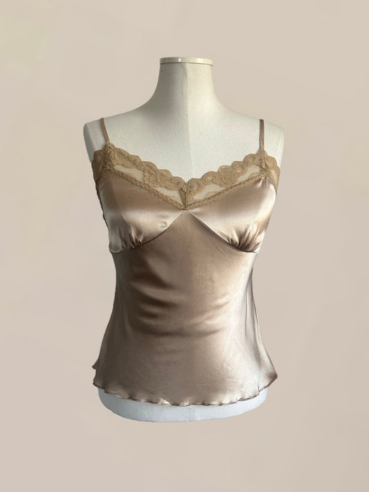 Vintage Champagne Satin Lace Cami | Y2K Romantic Slip Top