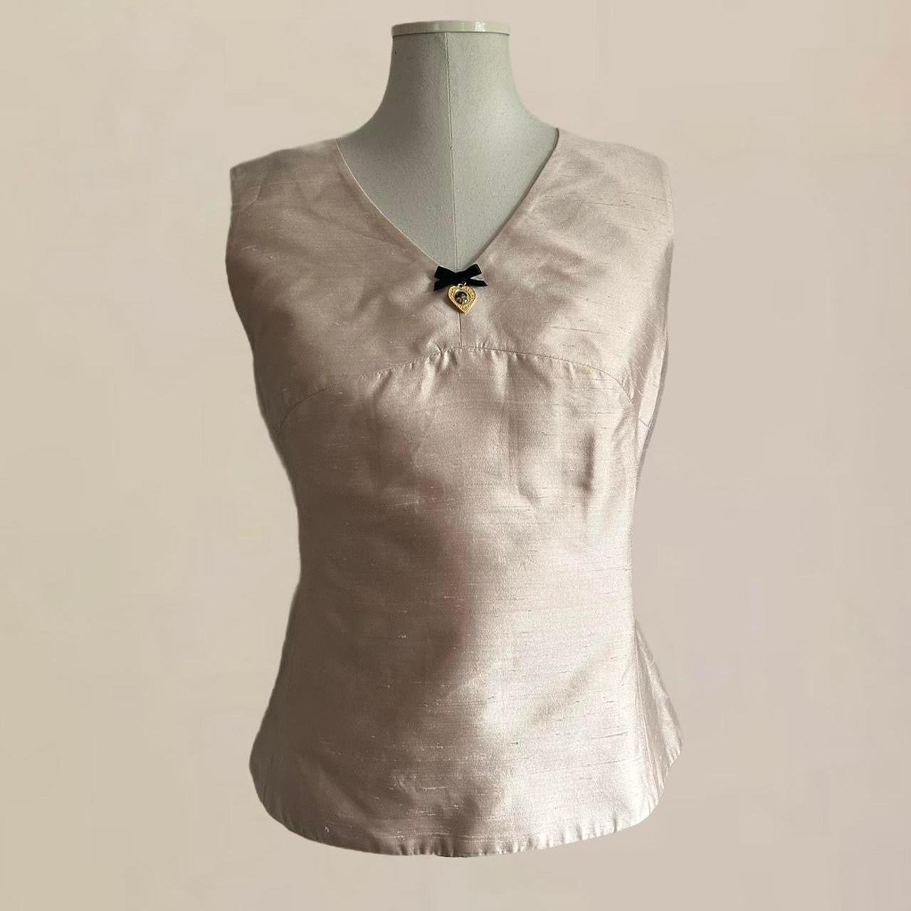 Designer Vintage Dolce & Gabbana Rare Pink Silk Structured Top with Heart Charm Detail