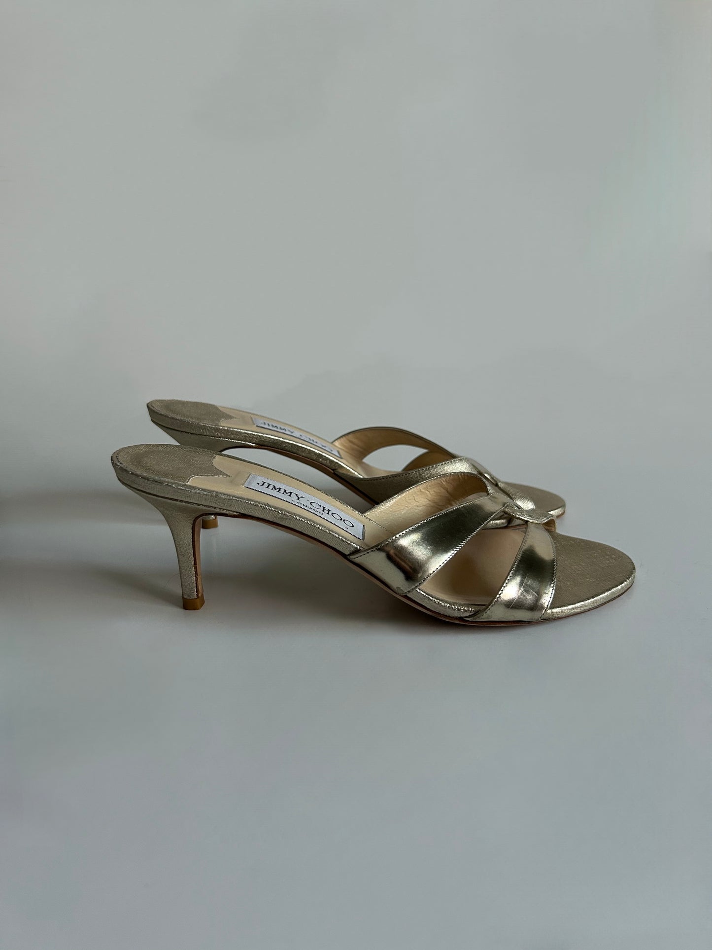 Designer Vintage Jimmy Choo London Metallic Gold Cross Strap Sandals Size 38.5 Y2K Heels