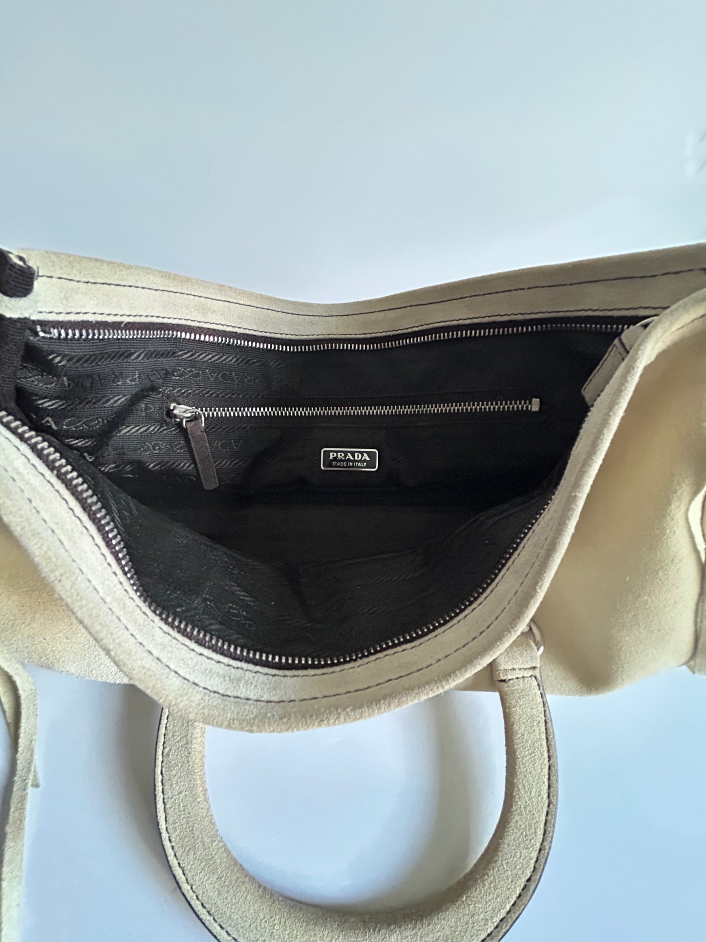 Designer Vintage Prada Suede East-West Tote Bag | Y2K Ivory Leather Shoulder Bag