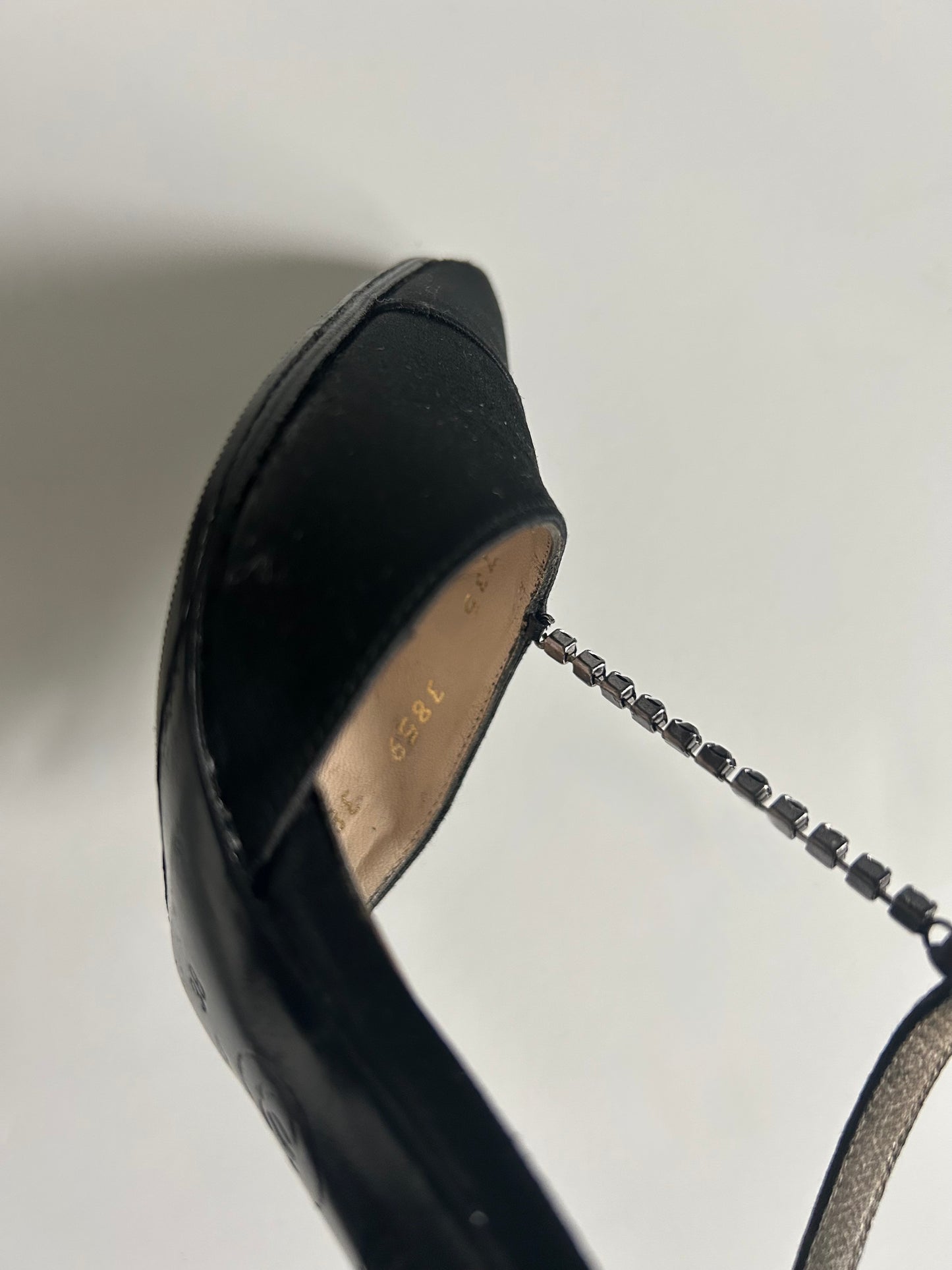 Designer Vintage Chanel Black Satin T-Strap Heels with Crystal Chain Detail - 1990s to early 2000s (Karl Lagerfeld era)