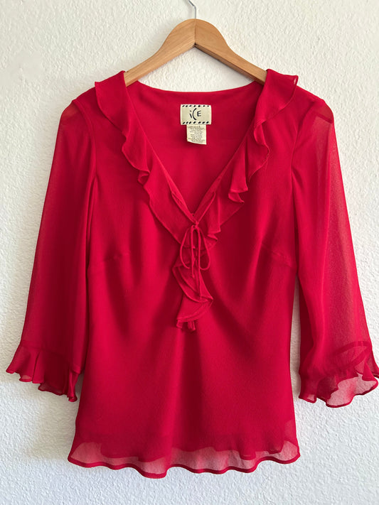 Vintage 90's Red Silk Semi-Sheer Ruffle Top