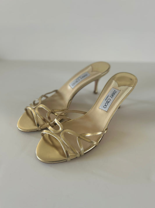 Designer Vintage Jimmy Choo Gold Patent Slide Heels