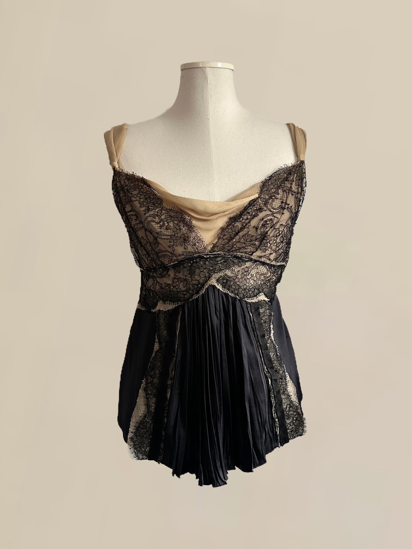 Designer Vintage Prada Silk & Lace Babydoll Top – Nude and Black IT 40