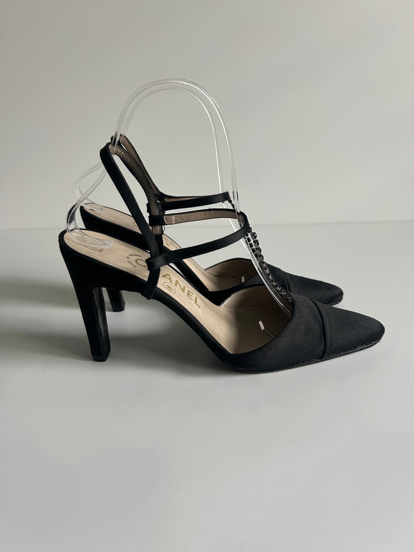 Designer Vintage Chanel Black Satin T-Strap Heels with Crystal Chain Detail - 1990s to early 2000s (Karl Lagerfeld era)