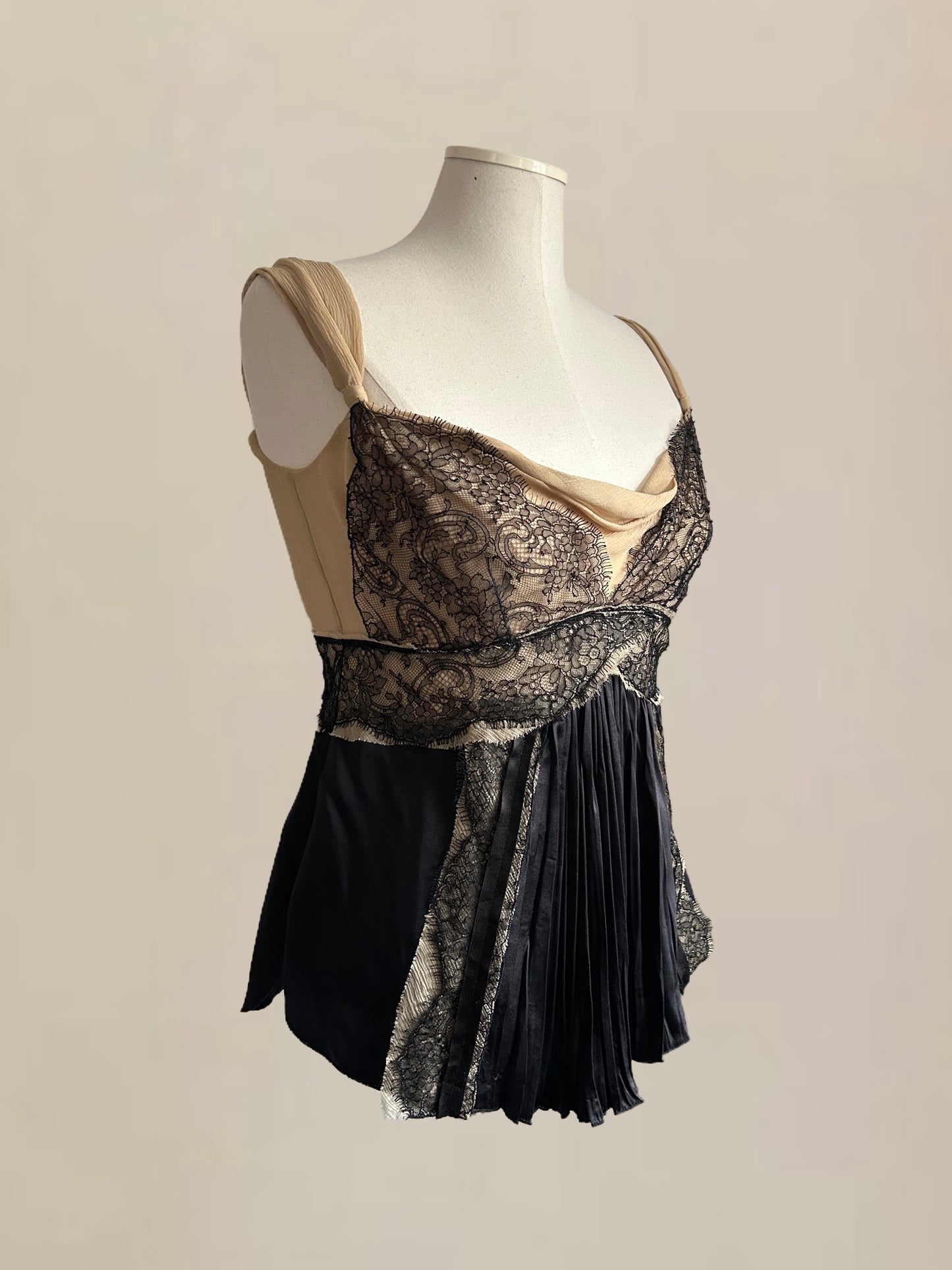 Designer Vintage Prada Silk & Lace Babydoll Top – Nude and Black IT 40